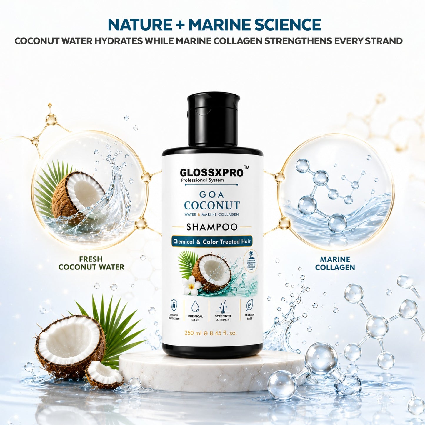 GLOSSXPRO Professional System Goa Cocnut Water & Marine Collagen Shampoo | Shampoo for Chemically & Color Treated Hair | Deep Hydration, Repair & Color Protection | Paraben Free | 250