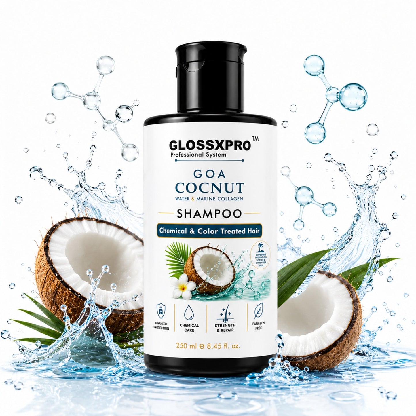 GLOSSXPRO Professional System Goa Cocnut Water & Marine Collagen Shampoo | Shampoo for Chemically & Color Treated Hair | Deep Hydration, Repair & Color Protection | Paraben Free | 250