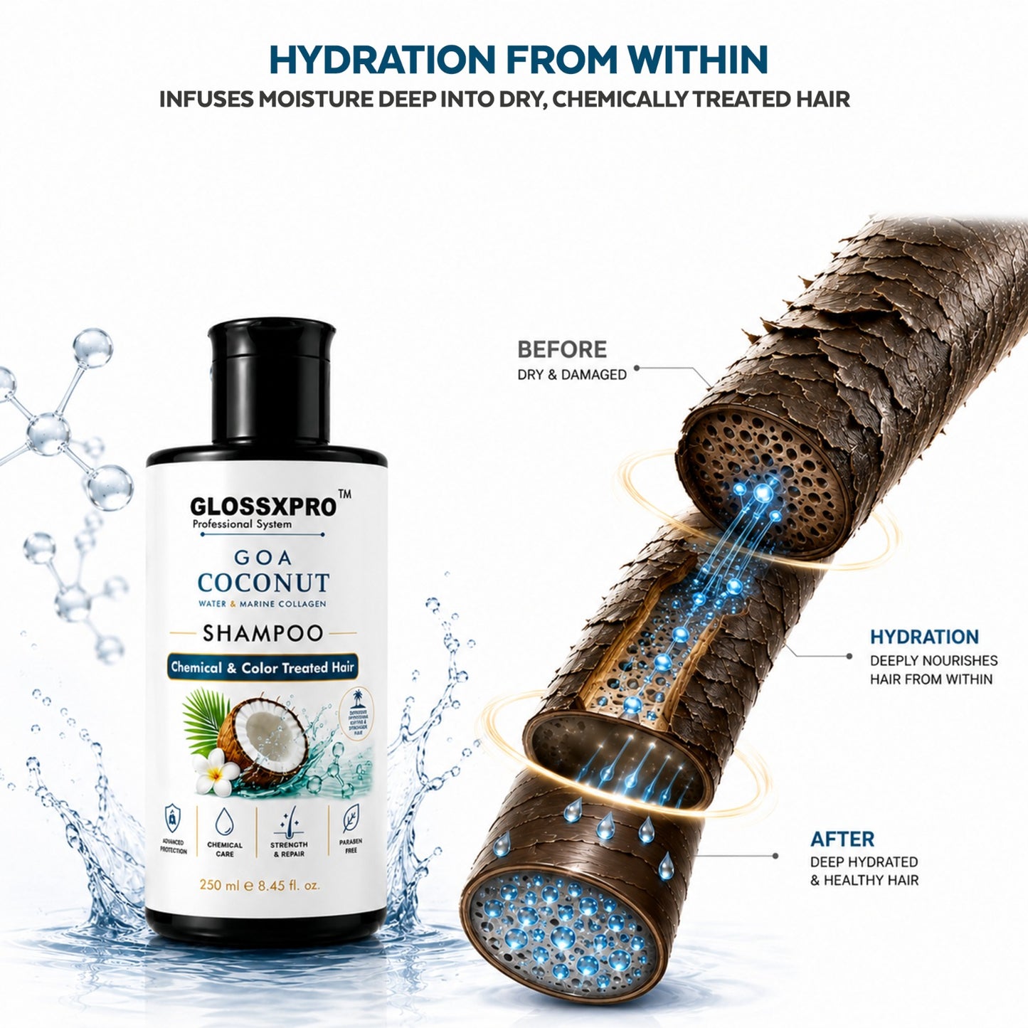 GLOSSXPRO Professional System Goa Cocnut Water & Marine Collagen Shampoo | Shampoo for Chemically & Color Treated Hair | Deep Hydration, Repair & Color Protection | Paraben Free | 250