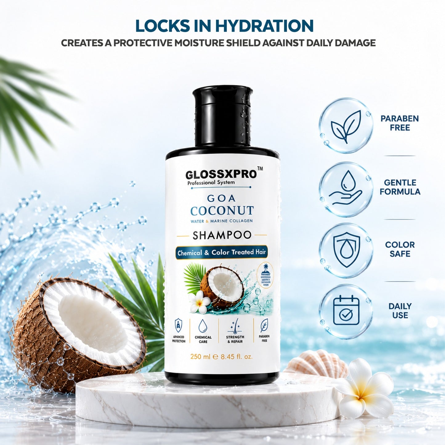 GLOSSXPRO Professional System Goa Cocnut Water & Marine Collagen Shampoo | Shampoo for Chemically & Color Treated Hair | Deep Hydration, Repair & Color Protection | Paraben Free | 250