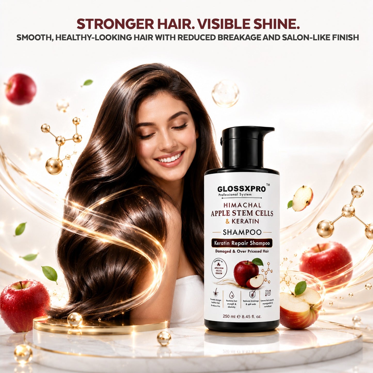 GLOSSXPRO Professional Himachal Apple Stem Cells & Keratin Shampoo | Keratin Repair Shampoo for Damaged & Over-Processed Hair | Deep Nourishment, Hair Strengthening & Breakage Control | Sulphate Free & Paraben Free | 250 ml