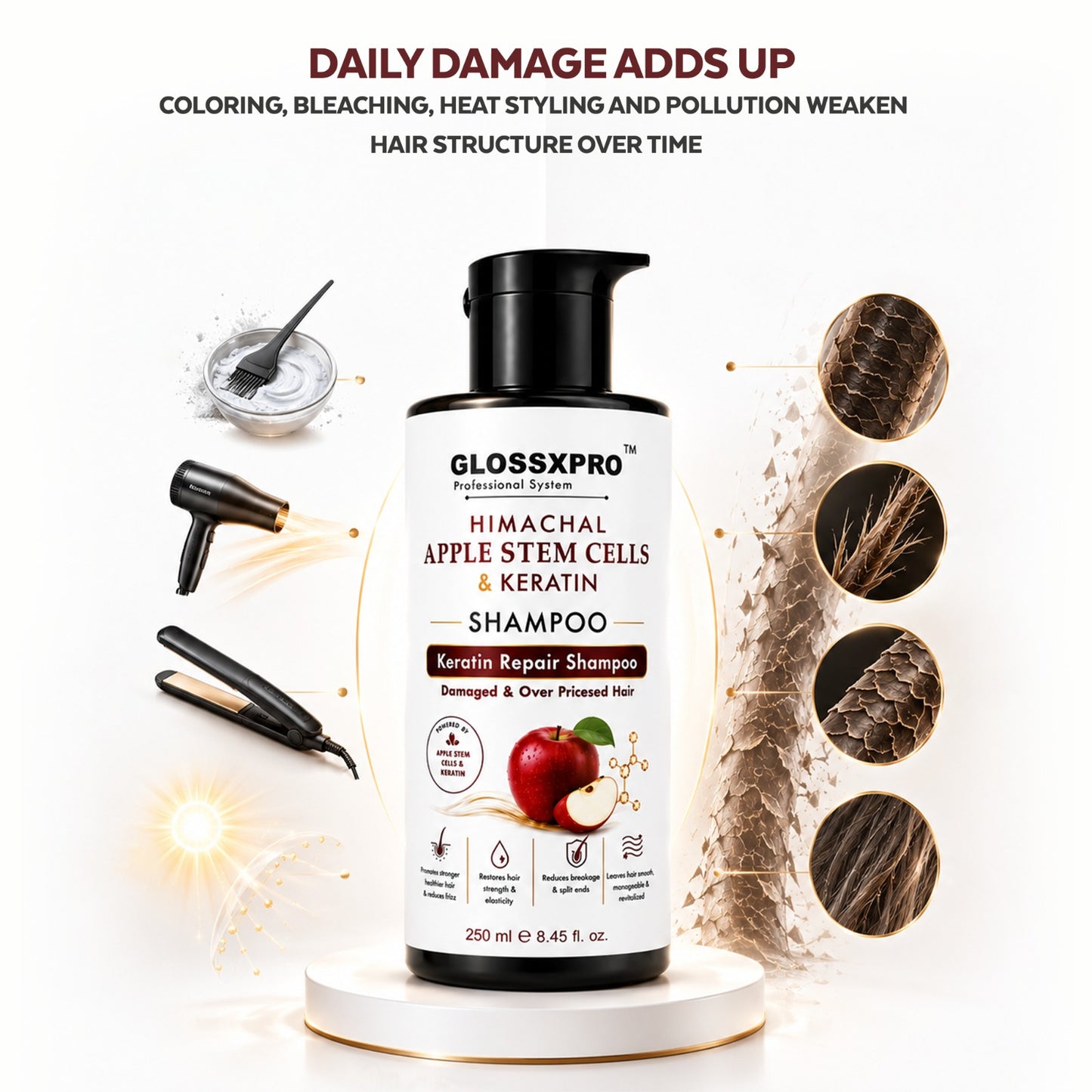GLOSSXPRO Professional Himachal Apple Stem Cells & Keratin Shampoo | Keratin Repair Shampoo for Damaged & Over-Processed Hair | Deep Nourishment, Hair Strengthening & Breakage Control | Sulphate Free & Paraben Free | 250 ml