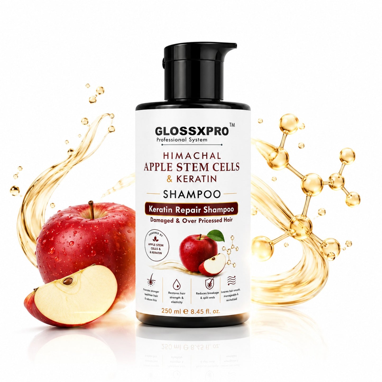 GLOSSXPRO Professional Himachal Apple Stem Cells & Keratin Shampoo | Keratin Repair Shampoo for Damaged & Over-Processed Hair | Deep Nourishment, Hair Strengthening & Breakage Control | Sulphate Free & Paraben Free | 250 ml