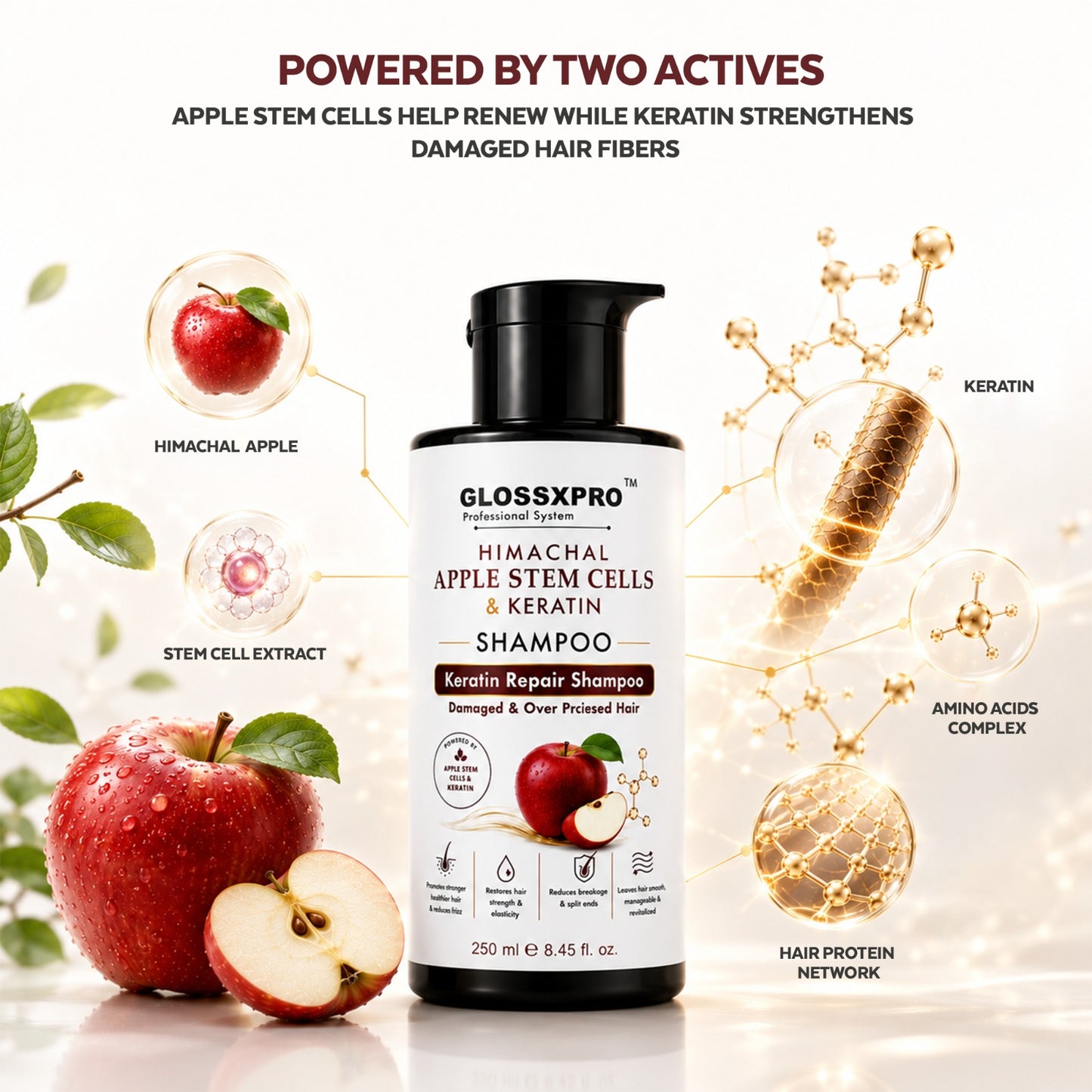 GLOSSXPRO Professional Himachal Apple Stem Cells & Keratin Shampoo | Keratin Repair Shampoo for Damaged & Over-Processed Hair | Deep Nourishment, Hair Strengthening & Breakage Control | Sulphate Free & Paraben Free | 250 ml