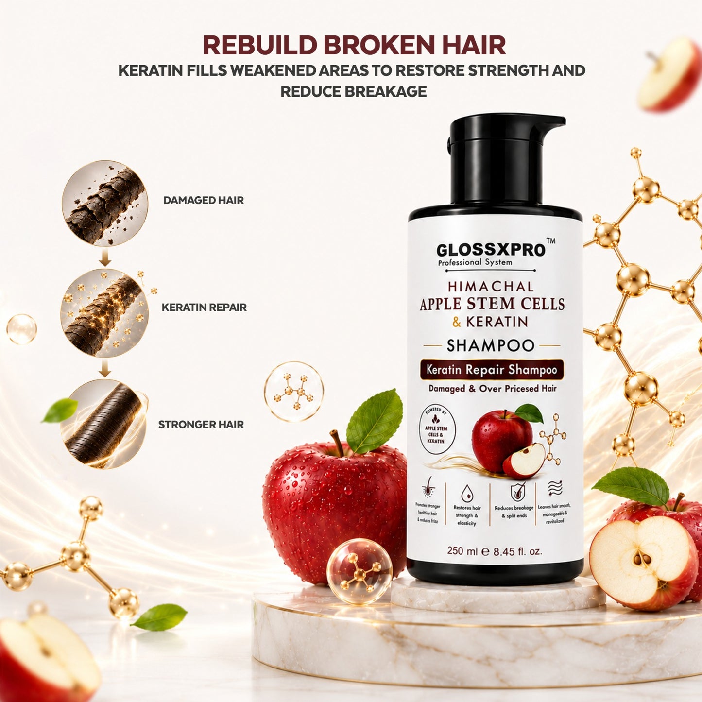 GLOSSXPRO Professional Himachal Apple Stem Cells & Keratin Shampoo | Keratin Repair Shampoo for Damaged & Over-Processed Hair | Deep Nourishment, Hair Strengthening & Breakage Control | Sulphate Free & Paraben Free | 250 ml