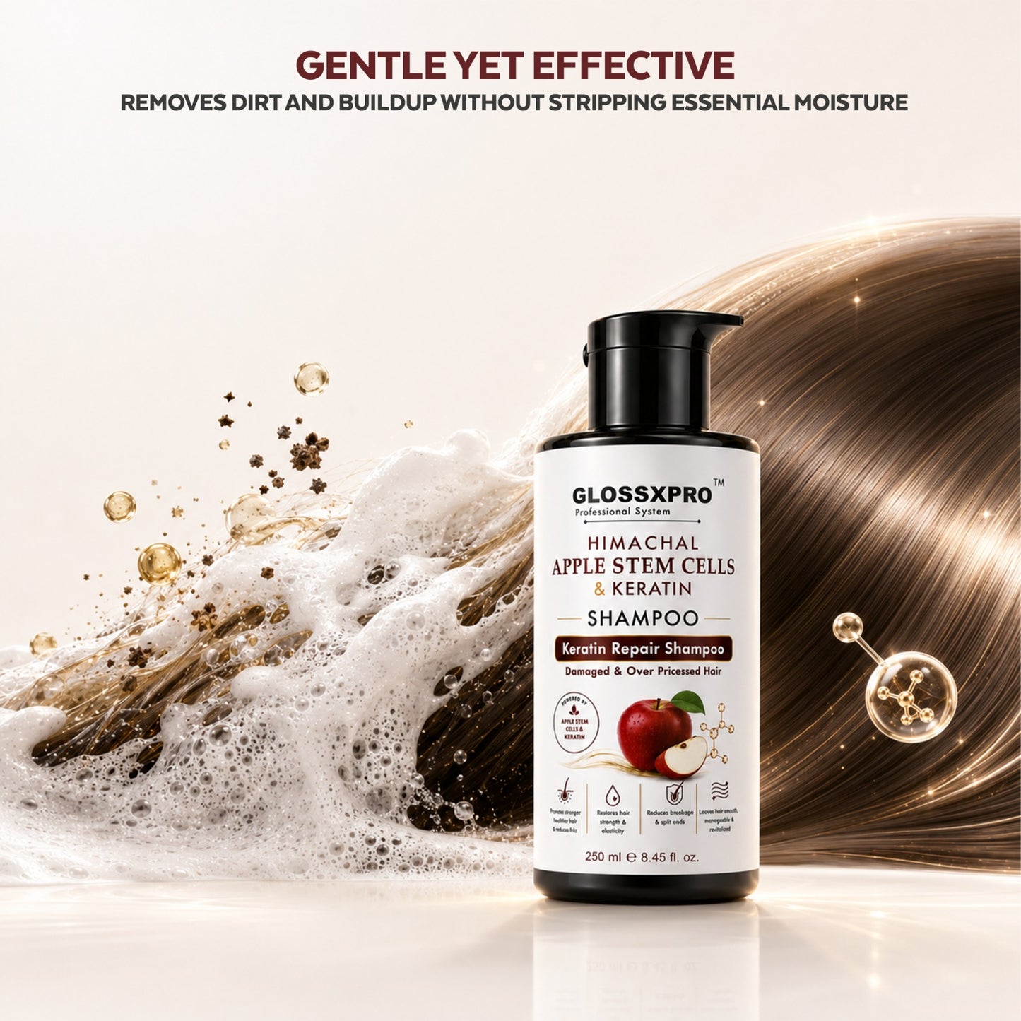 GLOSSXPRO Professional Himachal Apple Stem Cells & Keratin Shampoo | Keratin Repair Shampoo for Damaged & Over-Processed Hair | Deep Nourishment, Hair Strengthening & Breakage Control | Sulphate Free & Paraben Free | 250 ml