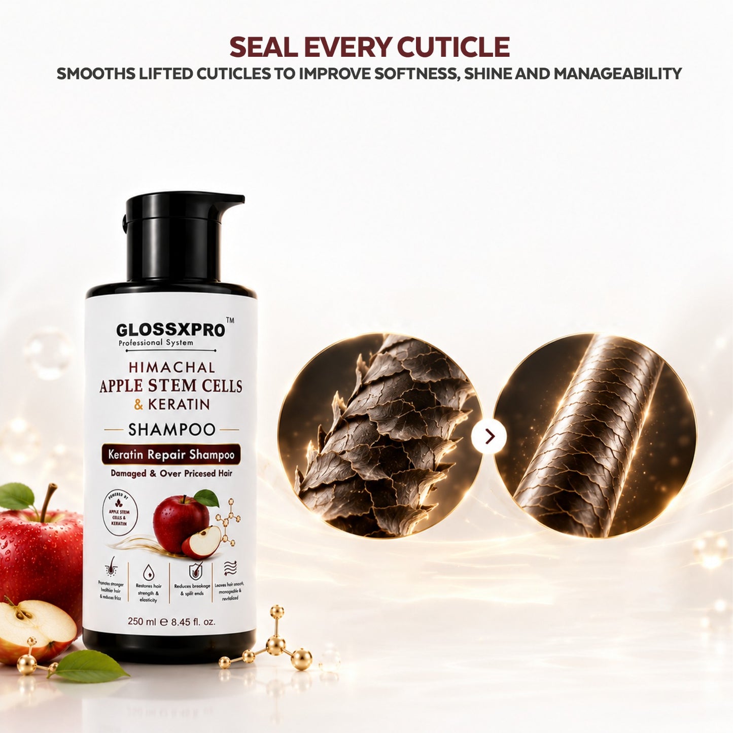 GLOSSXPRO Professional Himachal Apple Stem Cells & Keratin Shampoo | Keratin Repair Shampoo for Damaged & Over-Processed Hair | Deep Nourishment, Hair Strengthening & Breakage Control | Sulphate Free & Paraben Free | 250 ml