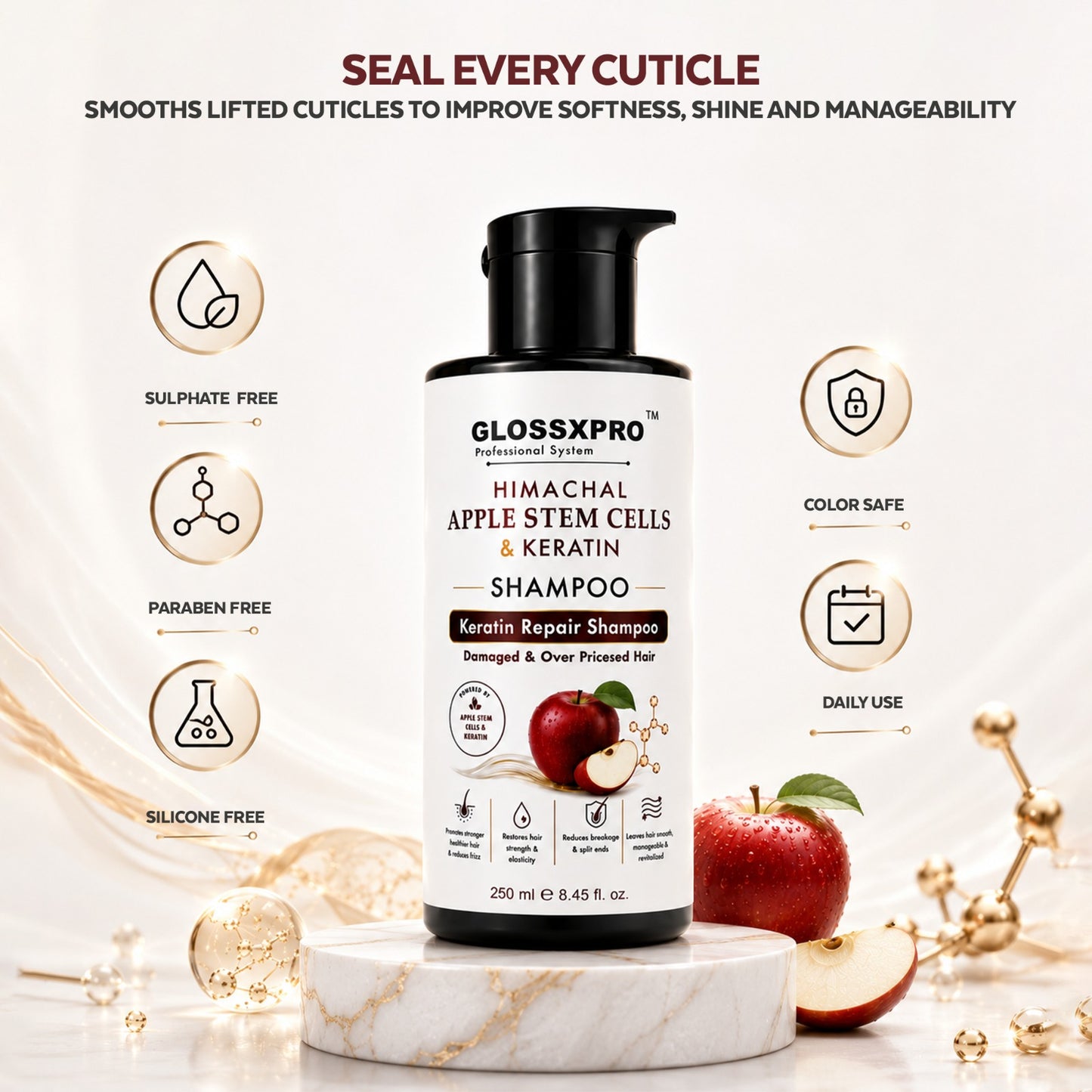 GLOSSXPRO Professional Himachal Apple Stem Cells & Keratin Shampoo | Keratin Repair Shampoo for Damaged & Over-Processed Hair | Deep Nourishment, Hair Strengthening & Breakage Control | Sulphate Free & Paraben Free | 250 ml