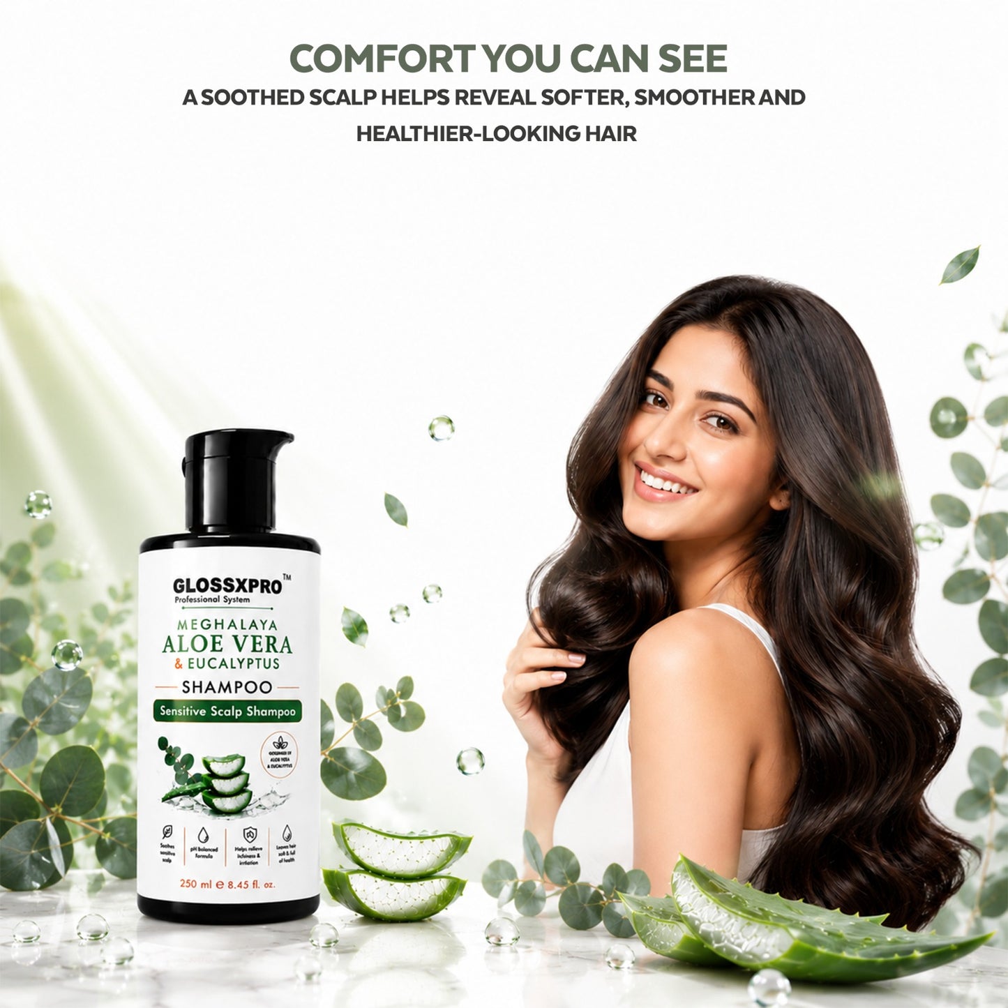 GLOSSXPRO Professional System Meghalaya Aloe Vera & Eucalyptus Shampoo | Sensitive Scalp Shampoo | Soothes & Hydrates Scalp | Gentle Daily Cleanser | SLS Free, Silicone Free, Cruelty Free | Dermatologically Tested | 250 ml