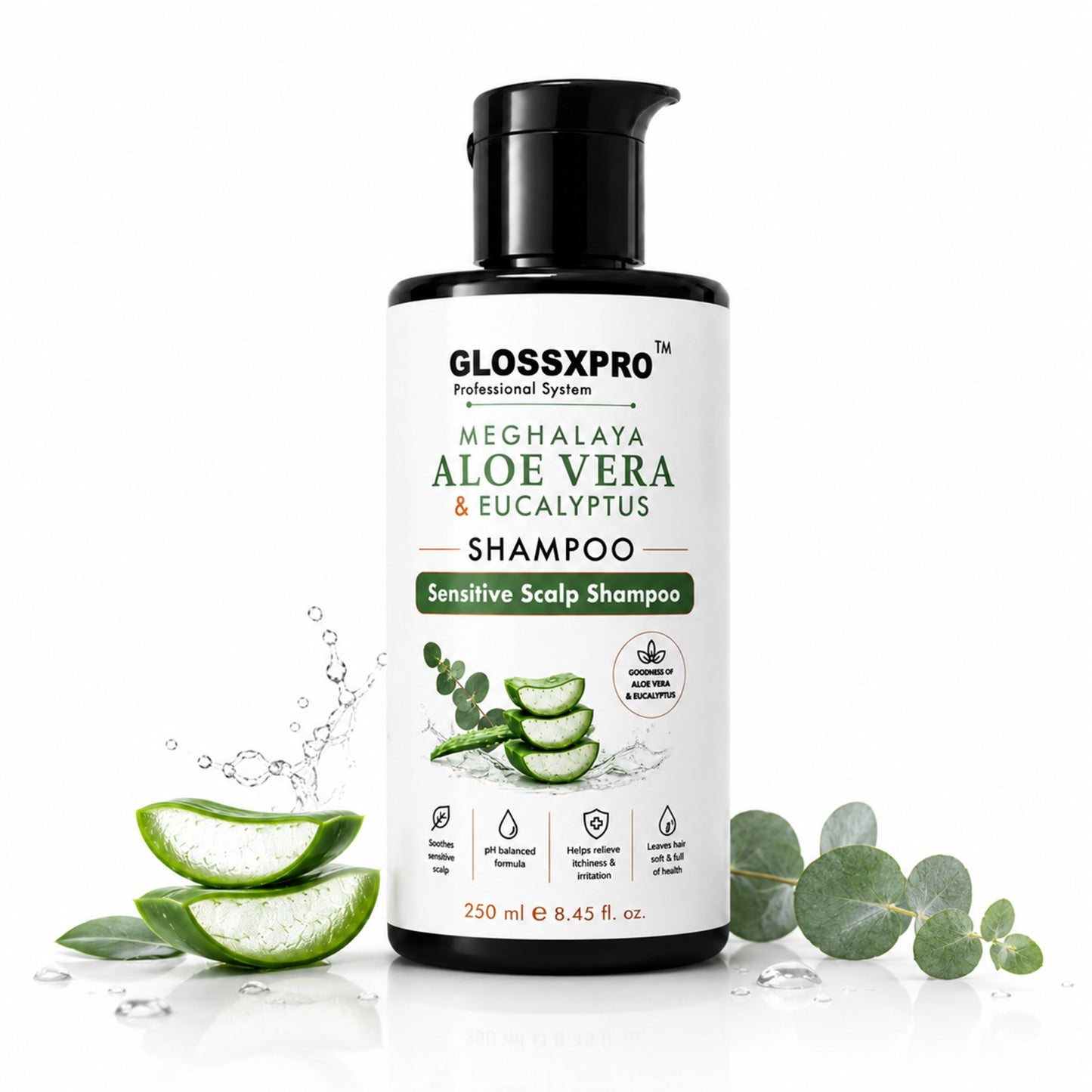 GLOSSXPRO Professional System Meghalaya Aloe Vera & Eucalyptus Shampoo | Sensitive Scalp Shampoo | Soothes & Hydrates Scalp | Gentle Daily Cleanser | SLS Free, Silicone Free, Cruelty Free | Dermatologically Tested | 250 ml