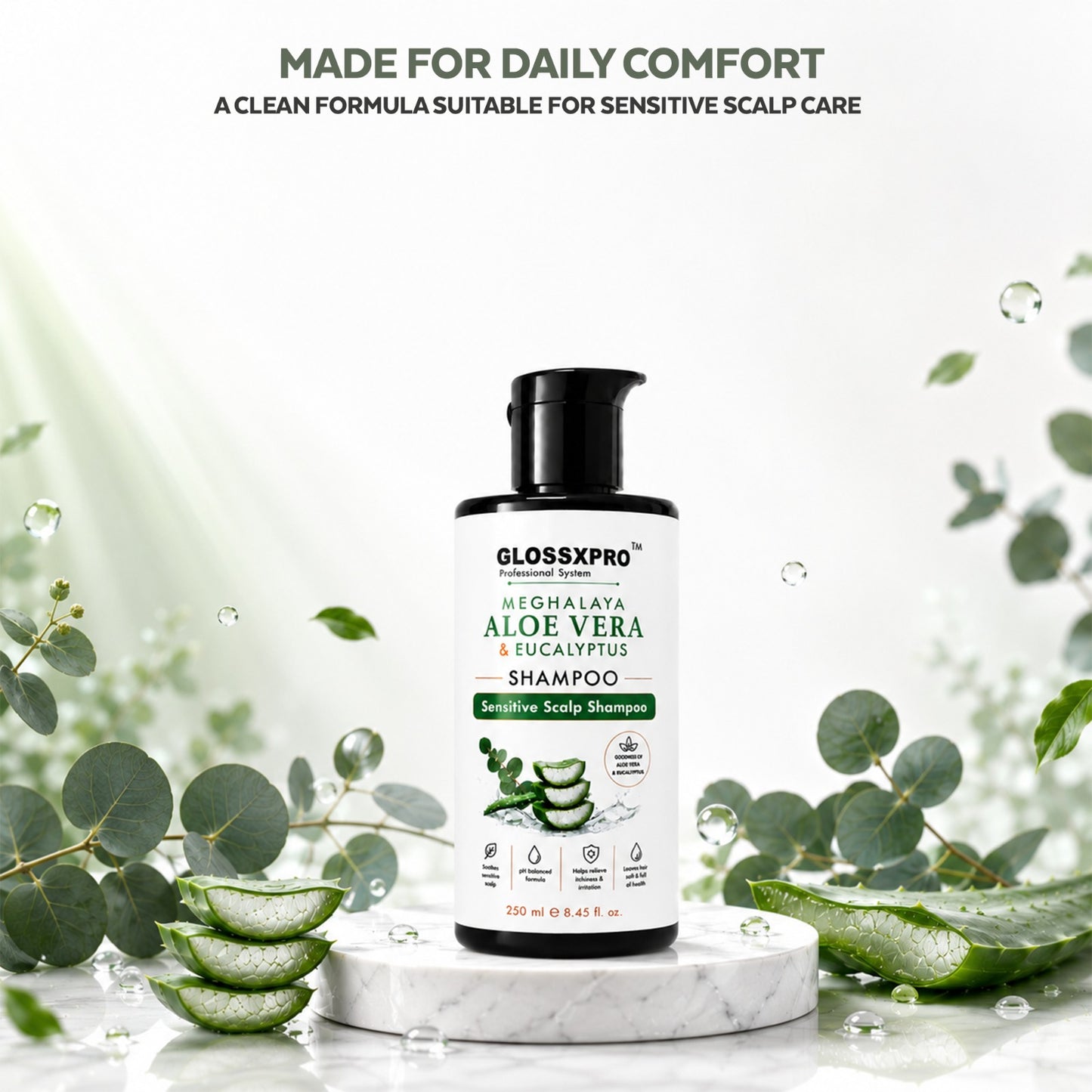 GLOSSXPRO Professional System Meghalaya Aloe Vera & Eucalyptus Shampoo | Sensitive Scalp Shampoo | Soothes & Hydrates Scalp | Gentle Daily Cleanser | SLS Free, Silicone Free, Cruelty Free | Dermatologically Tested | 250 ml