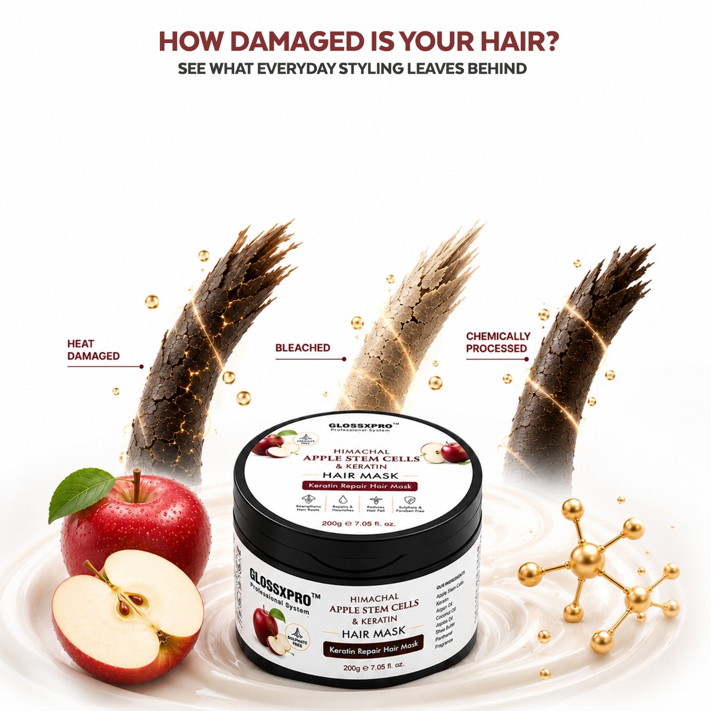 GLOSSXPRO Professional Himachal Apple Stem Cells & Keratin Hair Mask | Keratin Repair Hair Mask for Damaged & Over-Processed Hair | Deep Nourishment, Hair Strengthening & Frizz Control | Sulphate Free & Paraben Free | 200 g