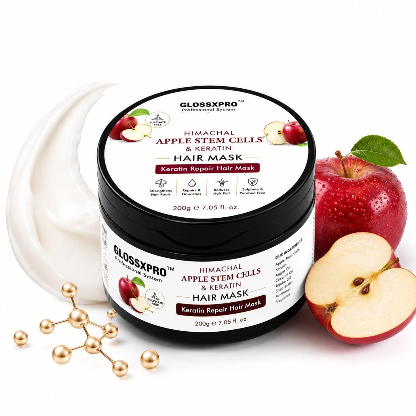 GLOSSXPRO Professional Himachal Apple Stem Cells & Keratin Hair Mask | Keratin Repair Hair Mask for Damaged & Over-Processed Hair | Deep Nourishment, Hair Strengthening & Frizz Control | Sulphate Free & Paraben Free | 200 g