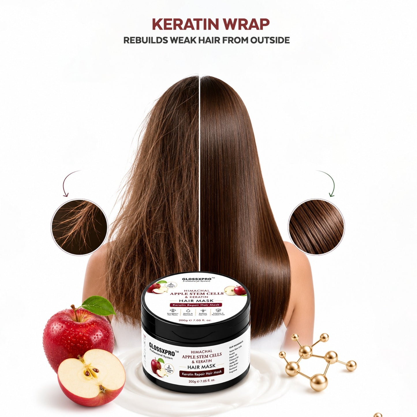 GLOSSXPRO Professional Himachal Apple Stem Cells & Keratin Hair Mask | Keratin Repair Hair Mask for Damaged & Over-Processed Hair | Deep Nourishment, Hair Strengthening & Frizz Control | Sulphate Free & Paraben Free | 200 g