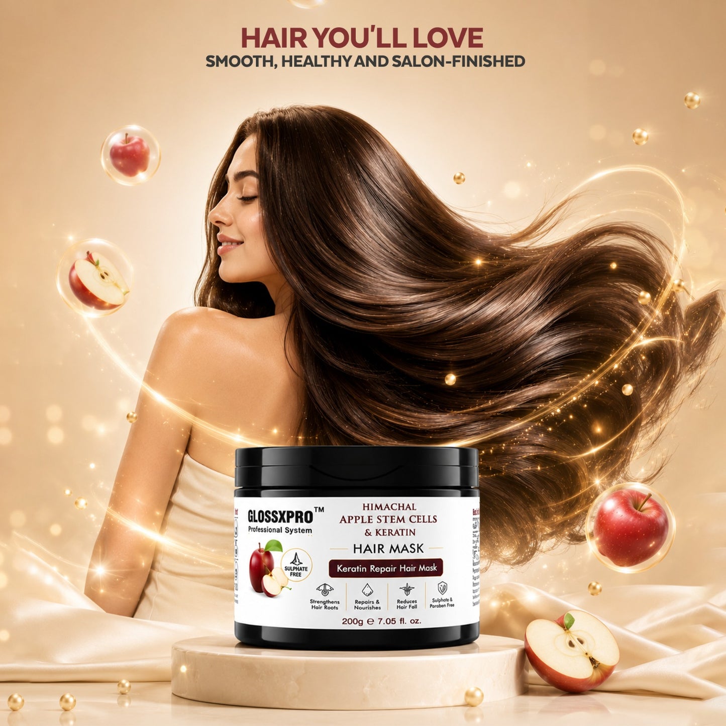 GLOSSXPRO Professional Himachal Apple Stem Cells & Keratin Hair Mask | Keratin Repair Hair Mask for Damaged & Over-Processed Hair | Deep Nourishment, Hair Strengthening & Frizz Control | Sulphate Free & Paraben Free | 200 g