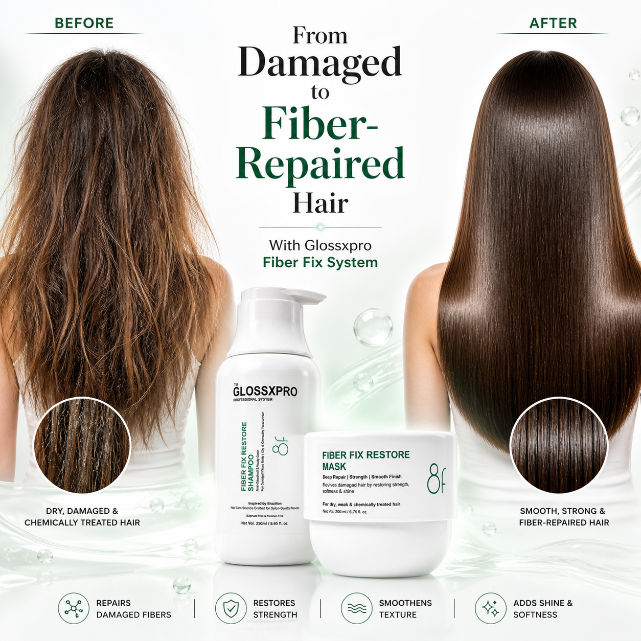 Before and after comparison of hair treatment with Glossxpro products.