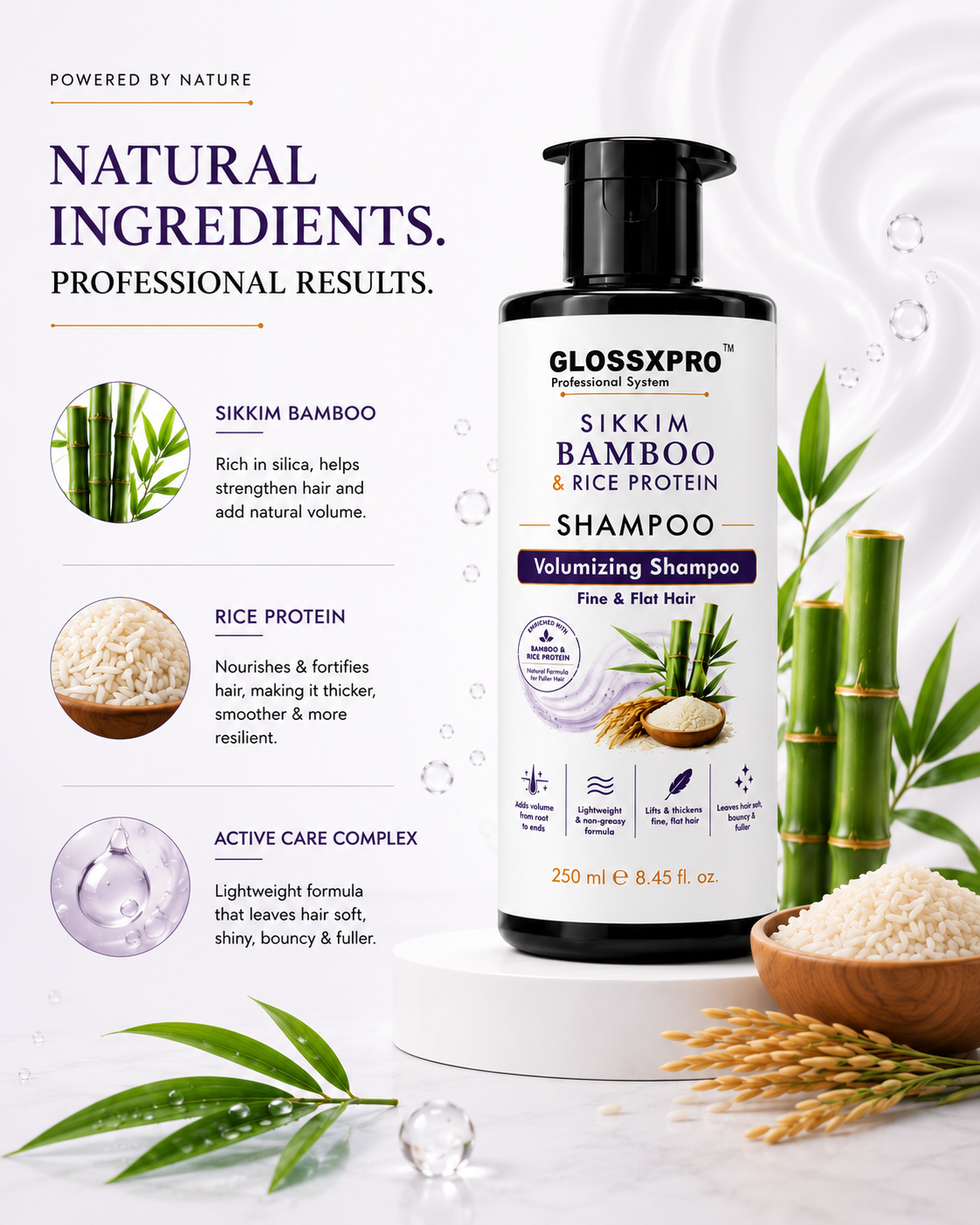 GLOSSXPRO Professional System Sikkim Bamboo & Rice Protein Shampoo | Volumizing Shampoo for Fine & Flat Hair | Strengthens & Thickens Hair | Lightweight Formula | Sulphate & Paraben Free | 250 ml