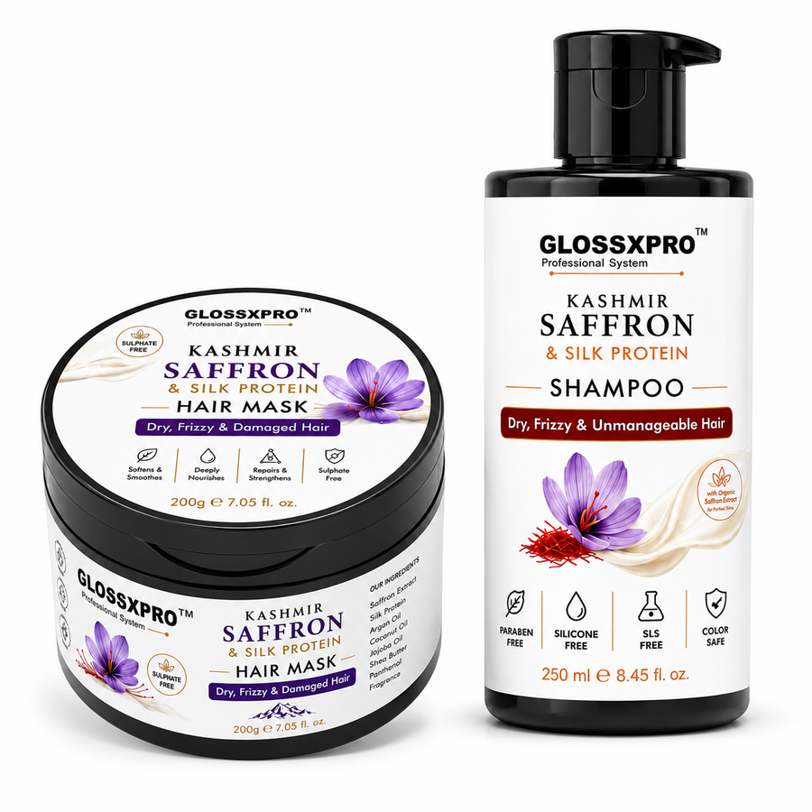 GLOSSXPRO Kashmir Saffron & Silk Protein Shampoo + Hair Mask Combo for Dry, Frizzy & Damaged Hair