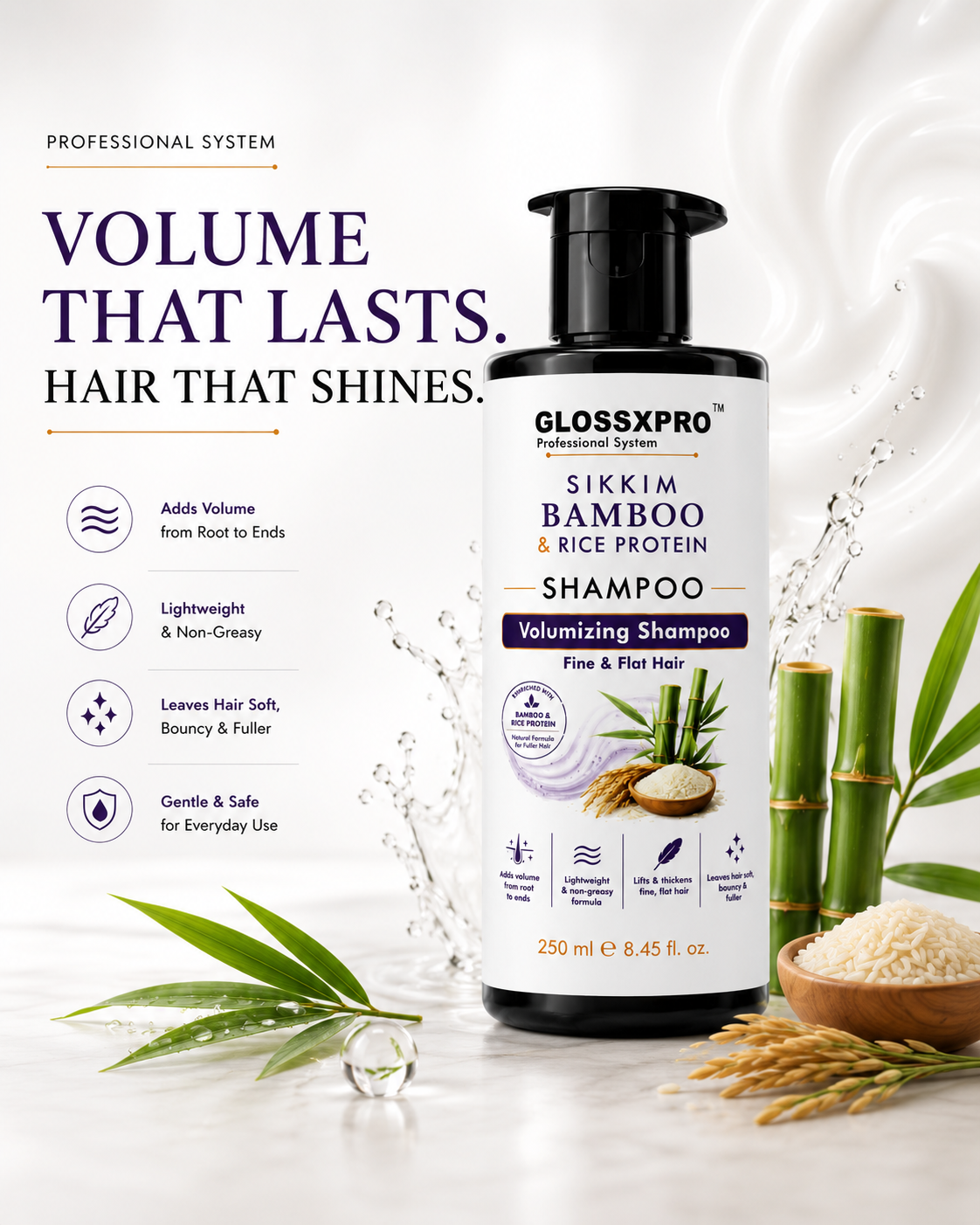 GLOSSXPRO Professional System Sikkim Bamboo & Rice Protein Shampoo | Volumizing Shampoo for Fine & Flat Hair | Strengthens & Thickens Hair | Lightweight Formula | Sulphate & Paraben Free | 250 ml
