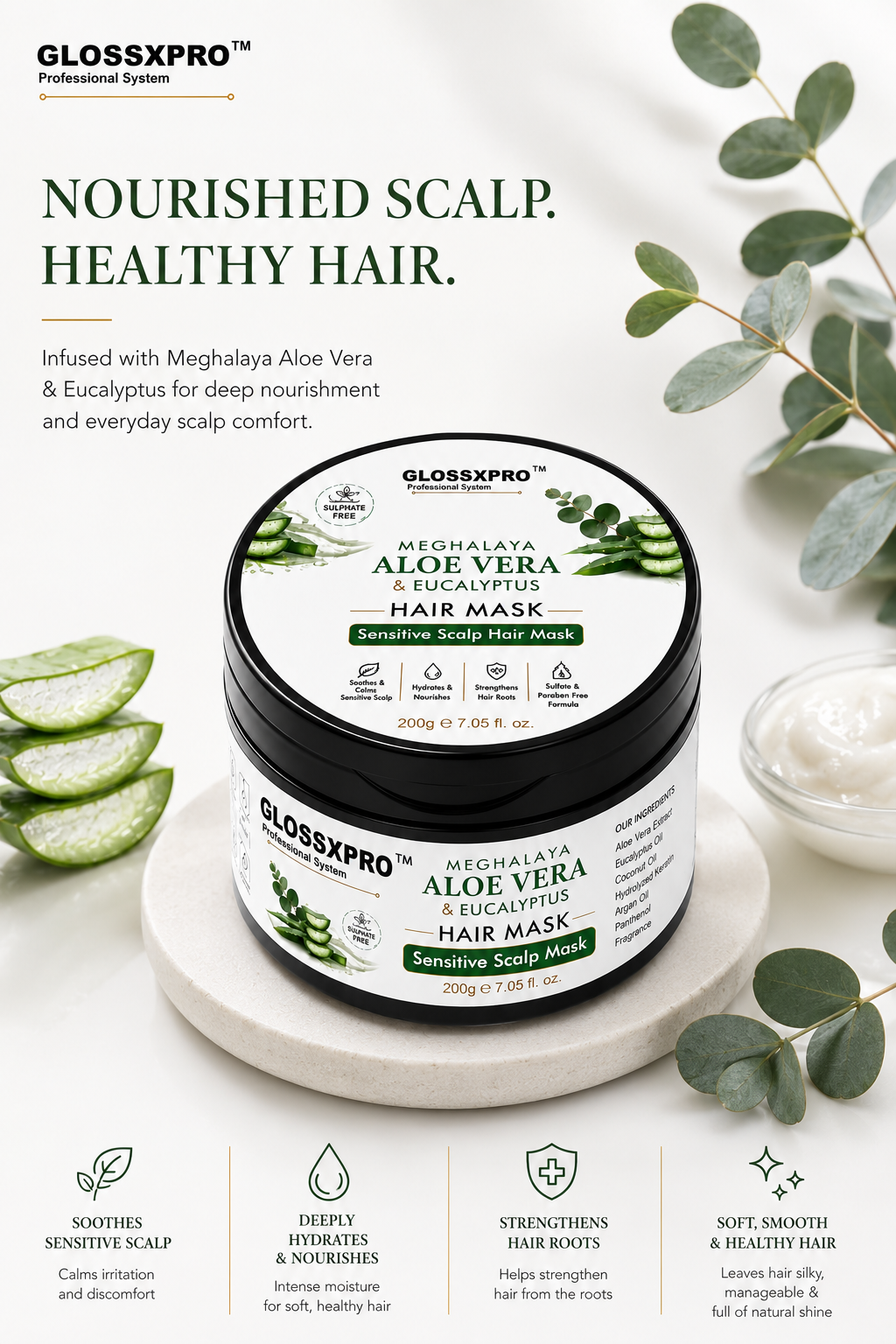 GLOSSXPRO Professional System Meghalaya Aloe Vera & Eucalyptus Hair Mask | Sensitive Scalp Hair Mask | Deep Hydration & Scalp Soothing | Nourishes Dry Hair | Silicone Free, Mineral Oil Free, Paraben Free | 200g
