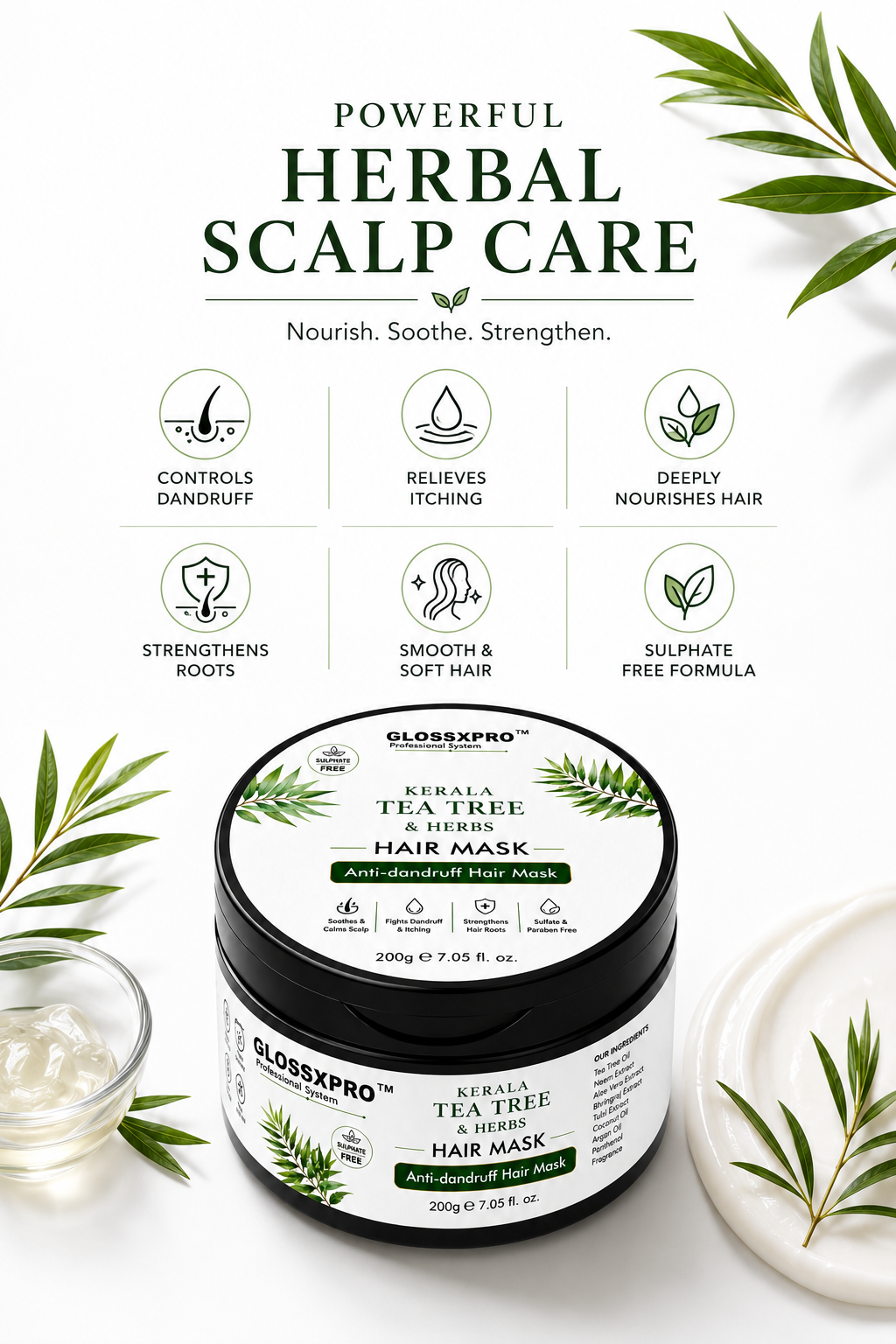 GLOSSXPRO Professional System Kerala Tea Tree & Neem Hair Mask | Anti-Dandruff Hair Mask | Soothes Dry & Itchy Scalp | Deep Nourishment & Flake Control | Sulphate, Silicone, Mineral Oil & Paraben Free | 200g