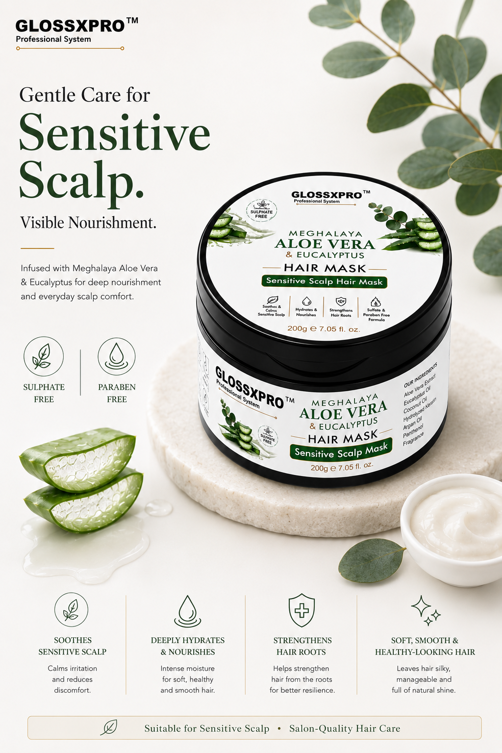 GLOSSXPRO Professional System Meghalaya Aloe Vera & Eucalyptus Hair Mask | Sensitive Scalp Hair Mask | Deep Hydration & Scalp Soothing | Nourishes Dry Hair | Silicone Free, Mineral Oil Free, Paraben Free | 200g