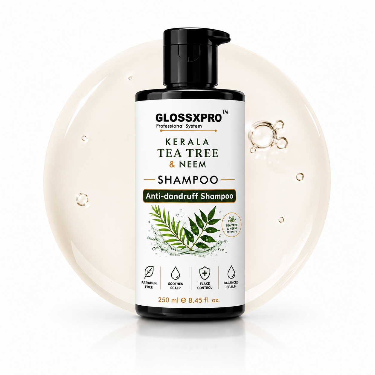 GLOSSXPRO Professional System Kerala Tea Tree & Neem Shampoo | Anti-Dandruff Shampoo | Helps Reduce Flakes & Itchy Scalp | Soothes & Balances Scalp | Paraben Free | 250 ml