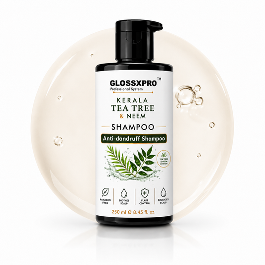 GLOSSXPRO Professional System Kerala Tea Tree & Neem Shampoo | Anti-Dandruff Shampoo | Helps Reduce Flakes & Itchy Scalp | Soothes & Balances Scalp | Paraben Free | 250 ml