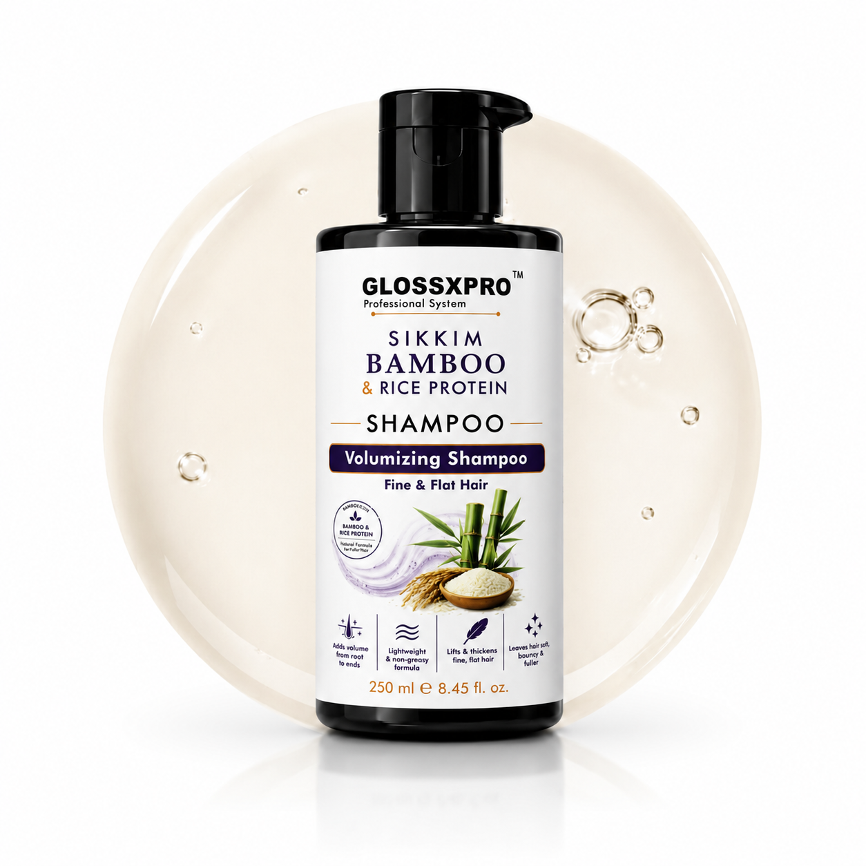 GLOSSXPRO Professional System Sikkim Bamboo & Rice Protein Shampoo | Volumizing Shampoo for Fine & Flat Hair | Strengthens & Thickens Hair | Lightweight Formula | Sulphate & Paraben Free | 250 ml