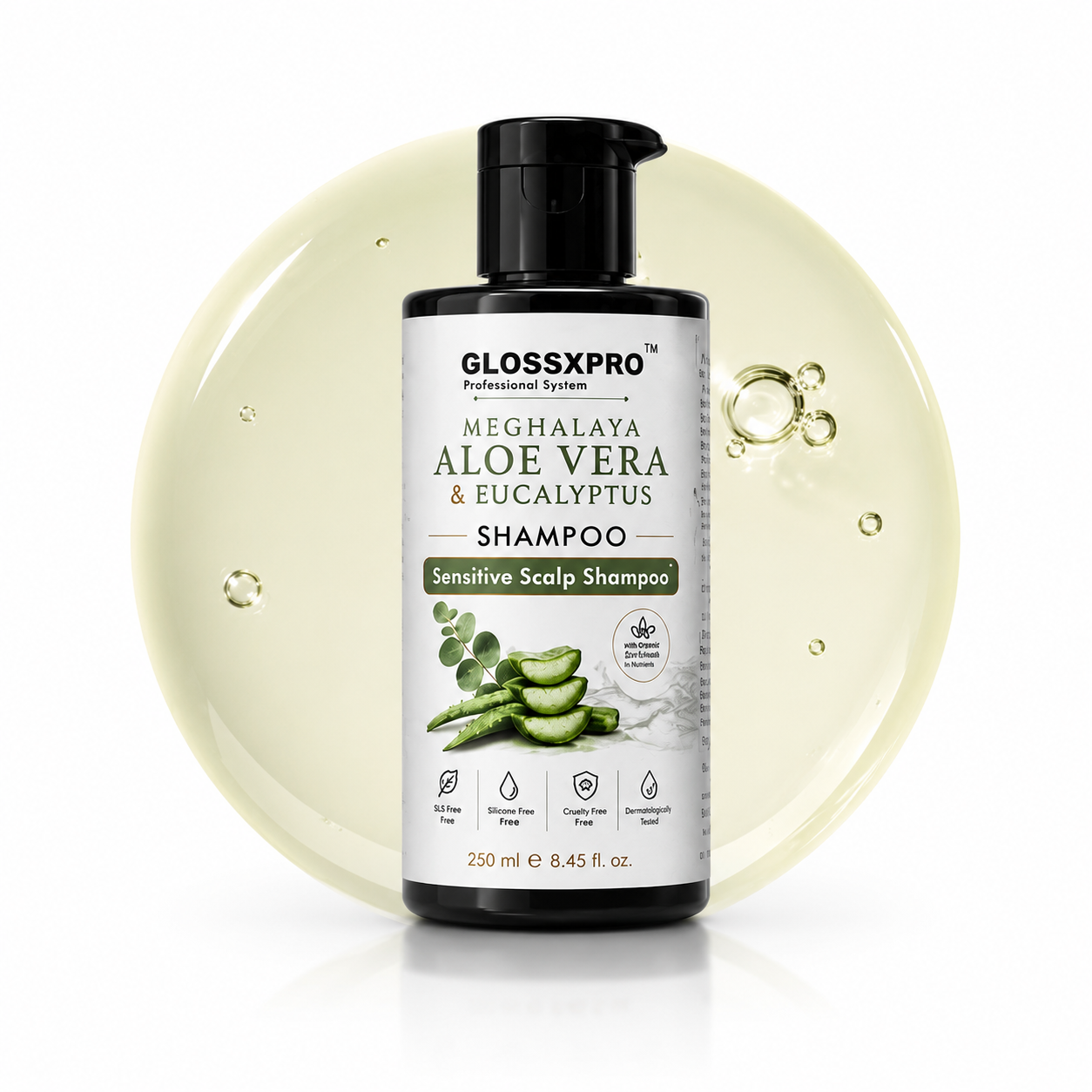 GLOSSXPRO Professional System Meghalaya Aloe Vera & Eucalyptus Shampoo | Sensitive Scalp Shampoo | Soothes & Hydrates Scalp | Gentle Daily Cleanser | SLS Free, Silicone Free, Cruelty Free | Dermatologically Tested | 250 ml