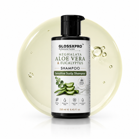 GLOSSXPRO Professional System Meghalaya Aloe Vera & Eucalyptus Shampoo | Sensitive Scalp Shampoo | Soothes & Hydrates Scalp | Gentle Daily Cleanser | SLS Free, Silicone Free, Cruelty Free | Dermatologically Tested | 250 ml