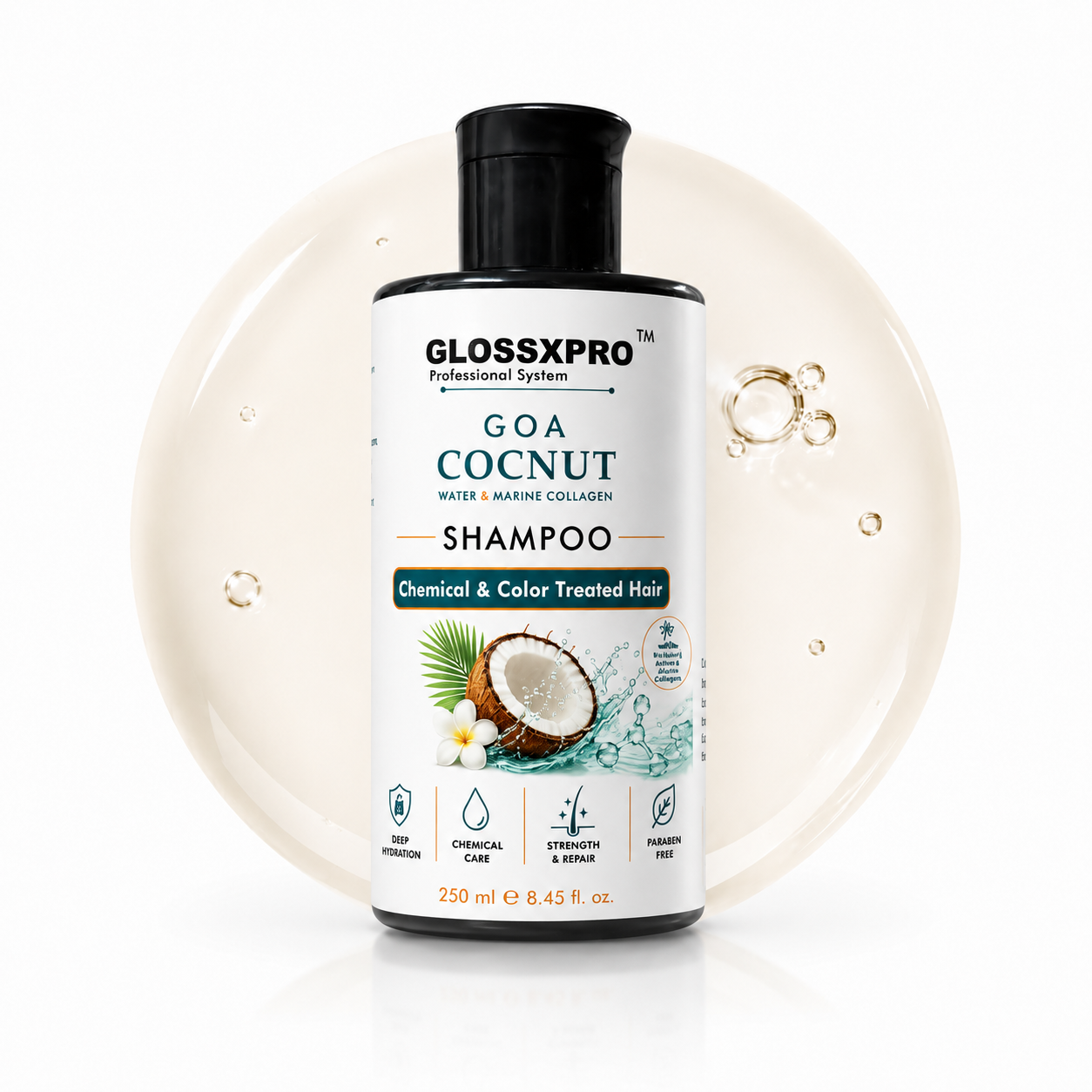 GLOSSXPRO Professional System Goa Cocnut Water & Marine Collagen Shampoo | Shampoo for Chemically & Color Treated Hair | Deep Hydration, Repair & Color Protection | Paraben Free | 250