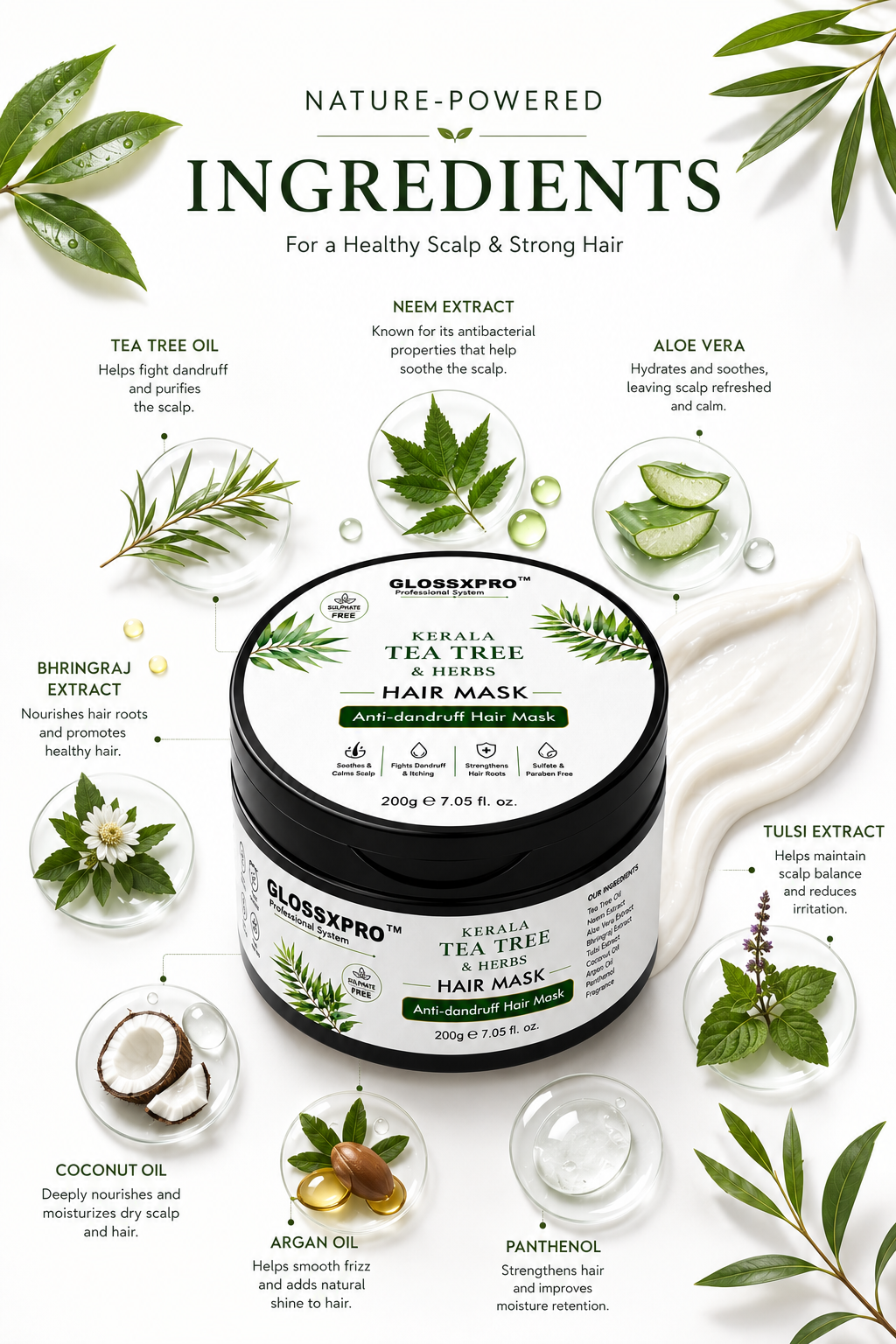 GLOSSXPRO Professional System Kerala Tea Tree & Neem Hair Mask | Anti-Dandruff Hair Mask | Soothes Dry & Itchy Scalp | Deep Nourishment & Flake Control | Sulphate, Silicone, Mineral Oil & Paraben Free | 200g