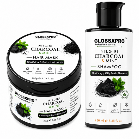 GLOSSXPRO Nilgiri Charcoal & Mint Shampoo + Hair Mask Combo for Oily Scalp & Hair | Clarifying & Detox Hair Care | Removes Excess Oil & Buildup | Sulphate & Paraben Free | Shampoo 250ml + Hair Mask 200g