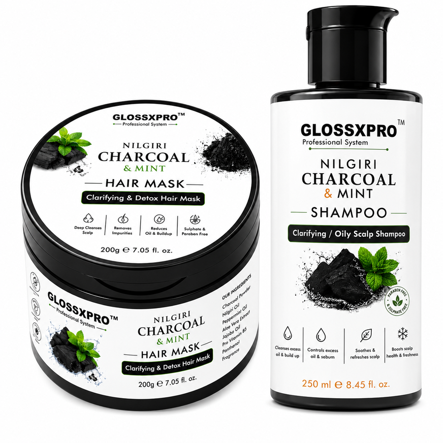 GLOSSXPRO Nilgiri Charcoal & Mint Shampoo + Hair Mask Combo for Oily Scalp & Hair