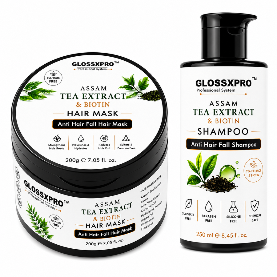 GLOSSXPRO Assam Tea Extract & Biotin Shampoo + Hair Mask Combo for Hair Fall Control