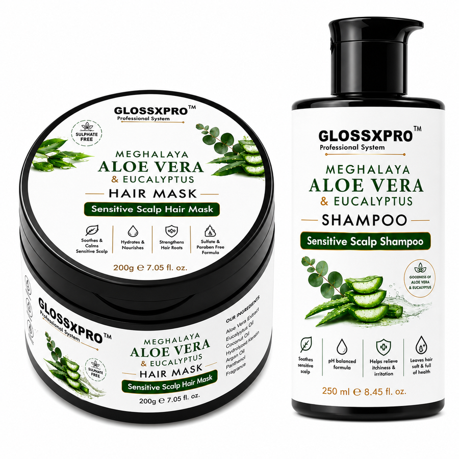 GLOSSXPRO Meghalaya Aloe Vera & Eucalyptus Shampoo + Hair Mask Combo for Sensitive Scalp