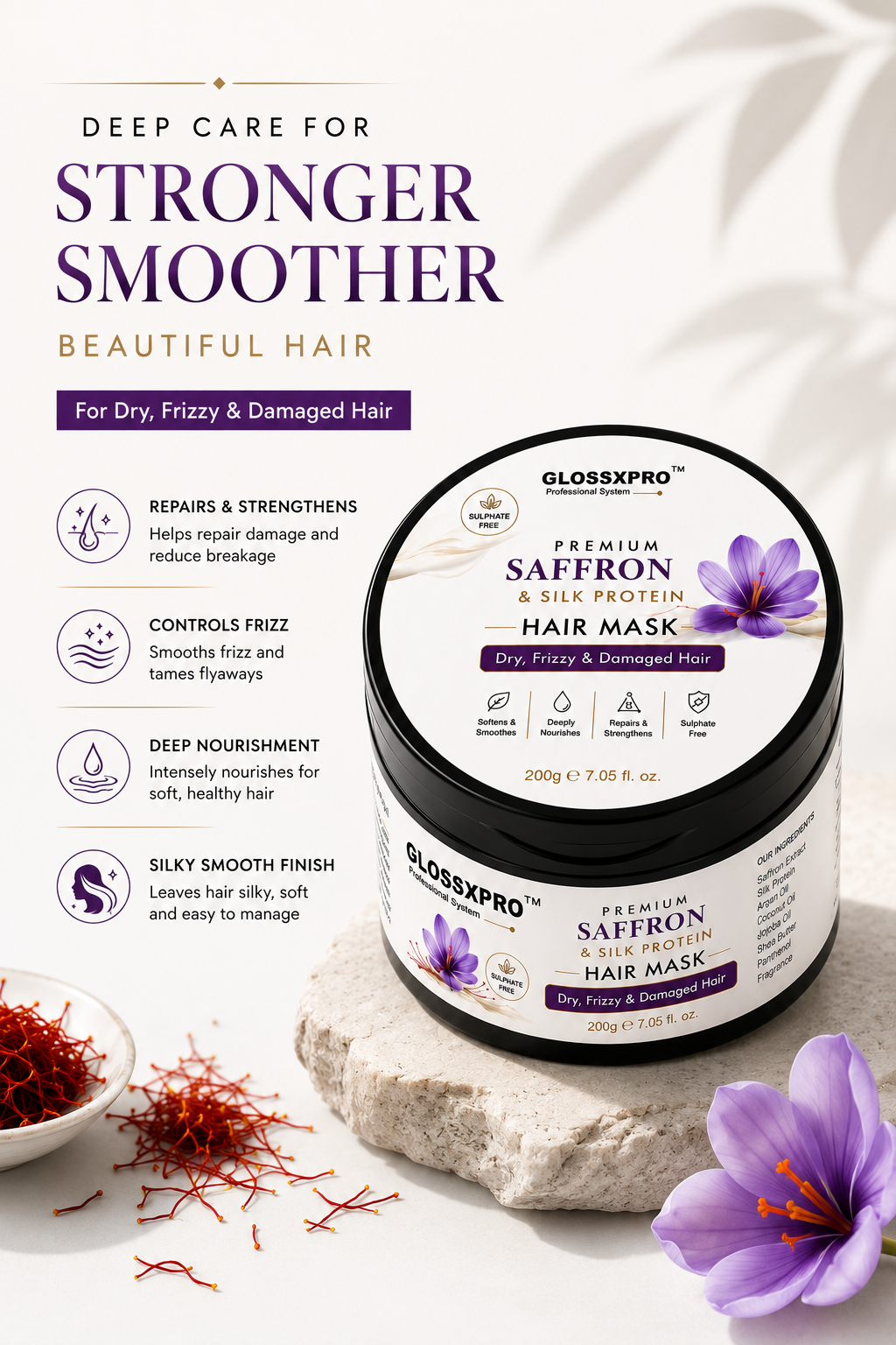 GLOSSXPRO Professional Kashmir Saffron & Silk Protein Hair Mask | Deep Repair, Intense Nourishment & Frizz Control | Sulphate Free & Paraben Free | Salon Professional Hair Care