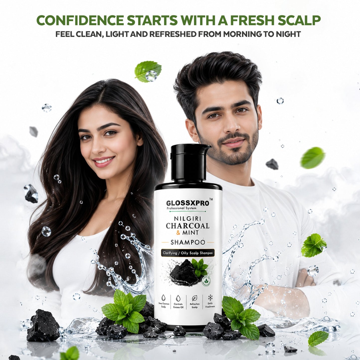 GLOSSXPRO Professional System Nilgiri Charcoal & Mint Clarifying Shampoo | Deep Cleansing for Oily Scalp | Controls Excess Oil & Sebum | Refreshes & Soothes Scalp | Sulphate & Paraben Free
