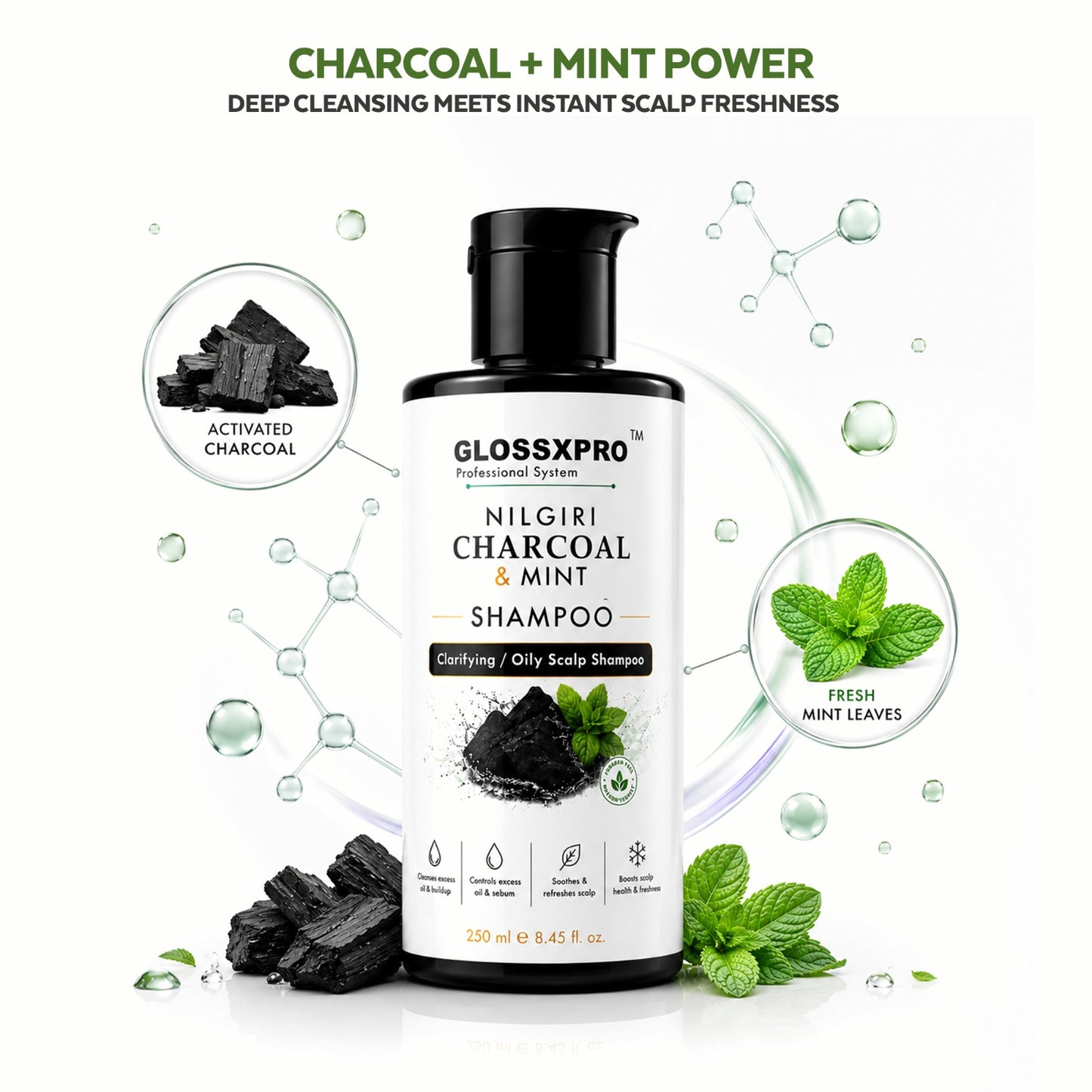 GLOSSXPRO Professional System Nilgiri Charcoal & Mint Clarifying Shampoo | Deep Cleansing for Oily Scalp | Controls Excess Oil & Sebum | Refreshes & Soothes Scalp | Sulphate & Paraben Free