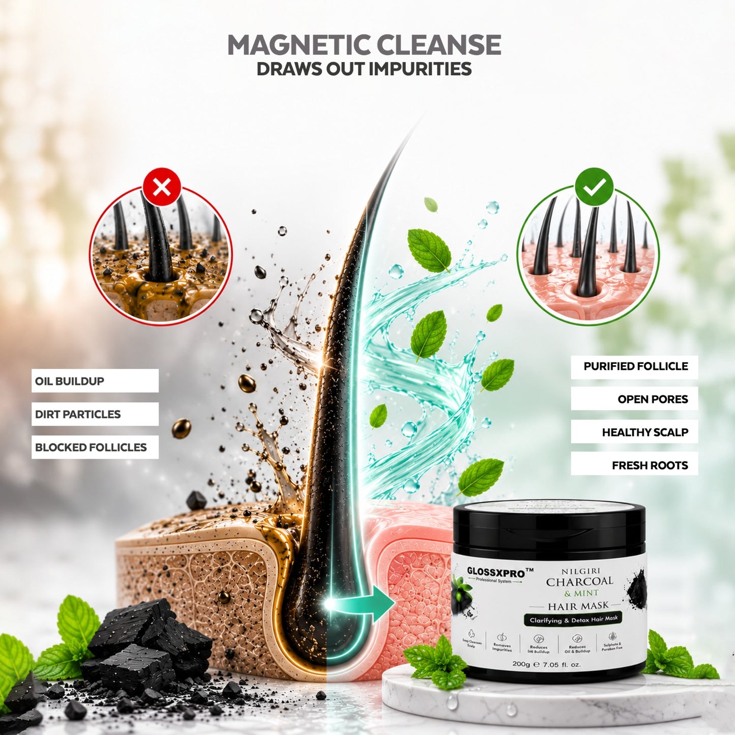 GLOSSXPRO Professional System Nilgiri Charcoal & Mint Hair Mask | Deep Scalp Detox & Intense Hair Nourishment | Controls Excess Oil | Refreshes & Hydrates Hair | Sulphate & Paraben Free