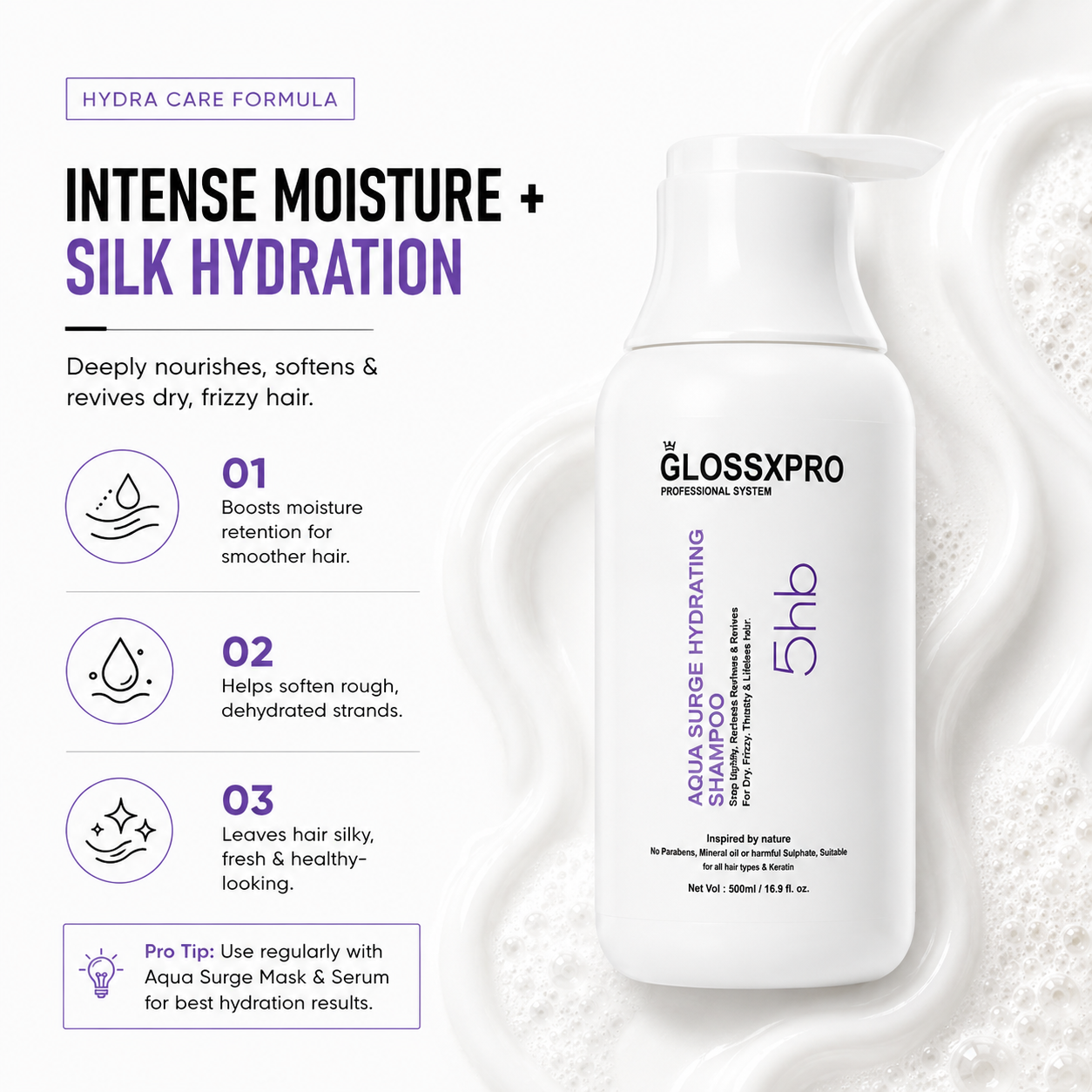 GlossXPro Aqua Surge Hydrating Shampoo for Dry & Frizzy Hair