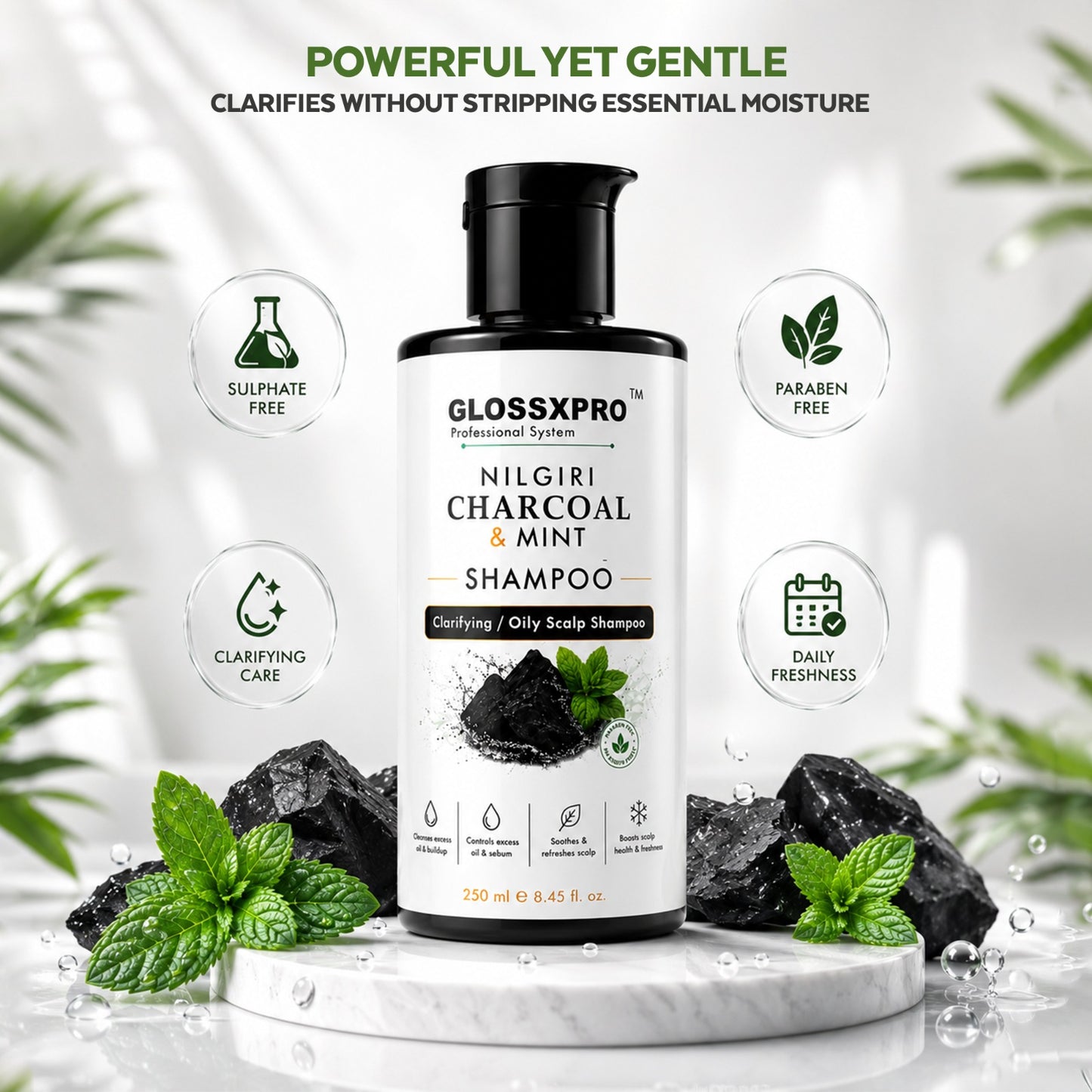 GLOSSXPRO Professional System Nilgiri Charcoal & Mint Clarifying Shampoo | Deep Cleansing for Oily Scalp | Controls Excess Oil & Sebum | Refreshes & Soothes Scalp | Sulphate & Paraben Free