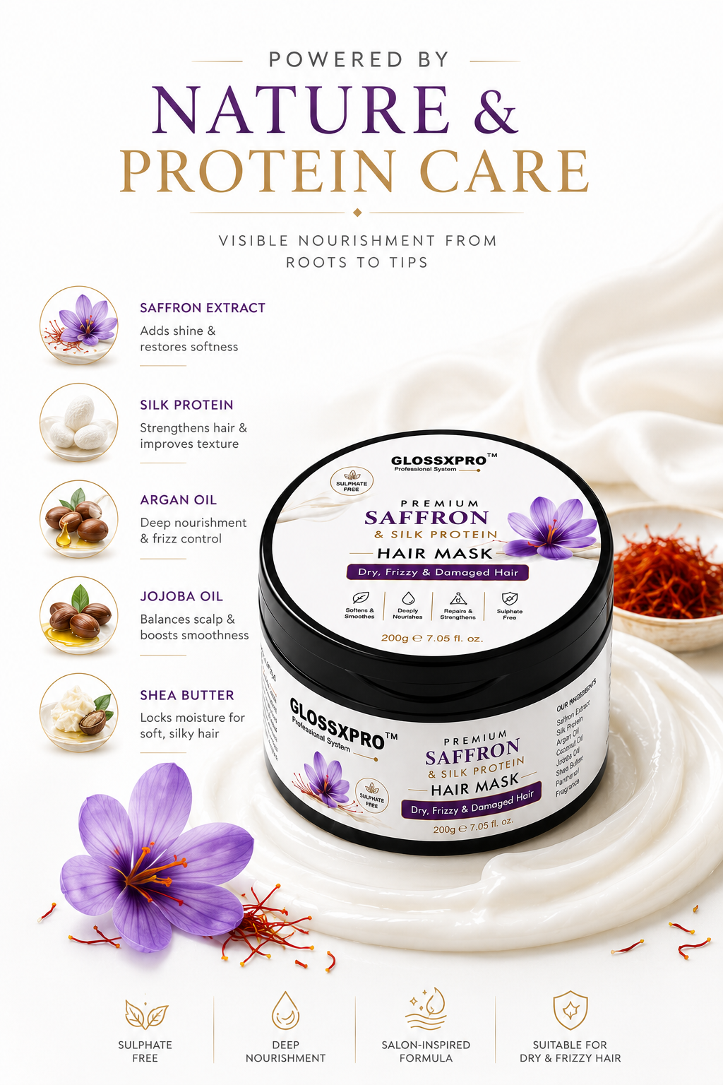 GLOSSXPRO Professional Kashmir Saffron & Silk Protein Hair Mask | Deep Repair, Intense Nourishment & Frizz Control | Sulphate Free & Paraben Free | Salon Professional Hair Care