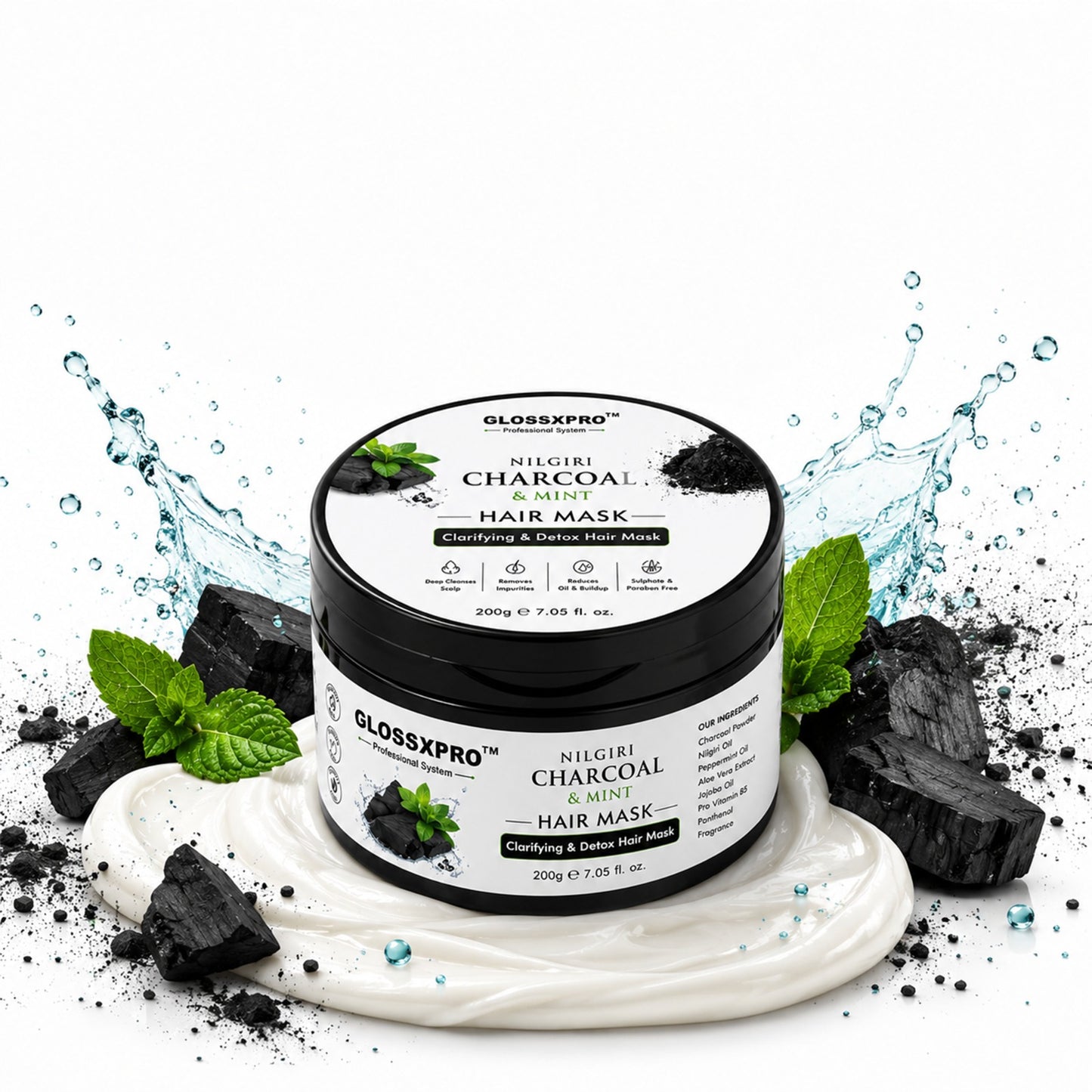 GLOSSXPRO Professional System Nilgiri Charcoal & Mint Hair Mask | Deep Scalp Detox & Intense Hair Nourishment | Controls Excess Oil | Refreshes & Hydrates Hair | Sulphate & Paraben Free