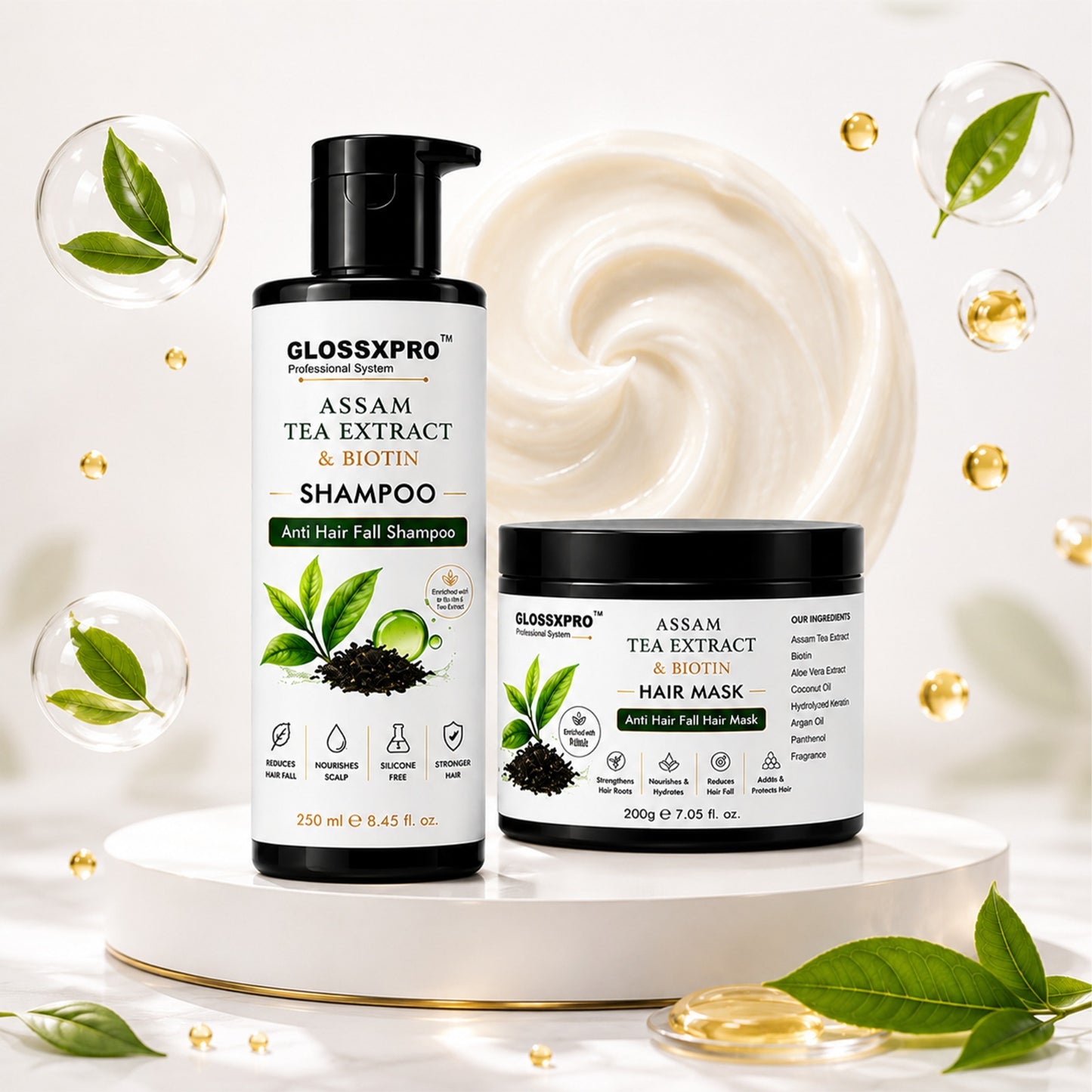 GLOSSXPRO Assam Tea Extract & Biotin Shampoo + Hair Mask Combo for Hair Fall Control | Strengthens Hair Roots, Nourishes & Hydrates | Sulphate, Paraben & Silicone Free | Shampoo 250ml + Hair Mask 200g