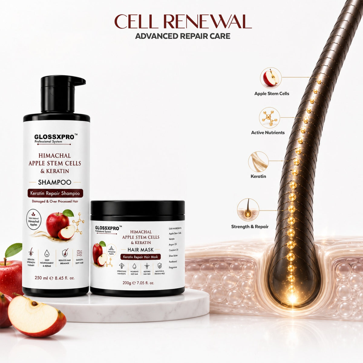 GLOSSXPRO Himachal Apple Stem Cells & Keratin Shampoo + Hair Mask Combo