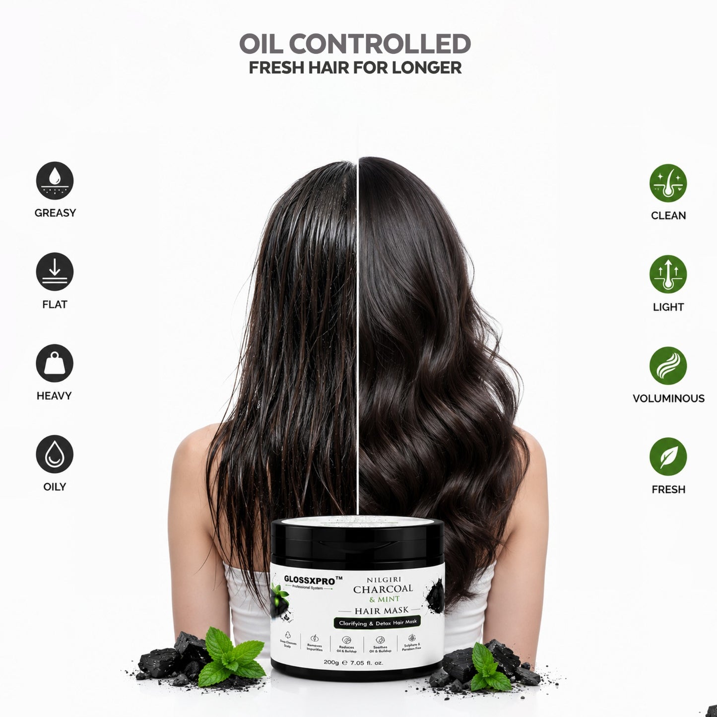 GLOSSXPRO Professional System Nilgiri Charcoal & Mint Hair Mask | Deep Scalp Detox & Intense Hair Nourishment | Controls Excess Oil | Refreshes & Hydrates Hair | Sulphate & Paraben Free