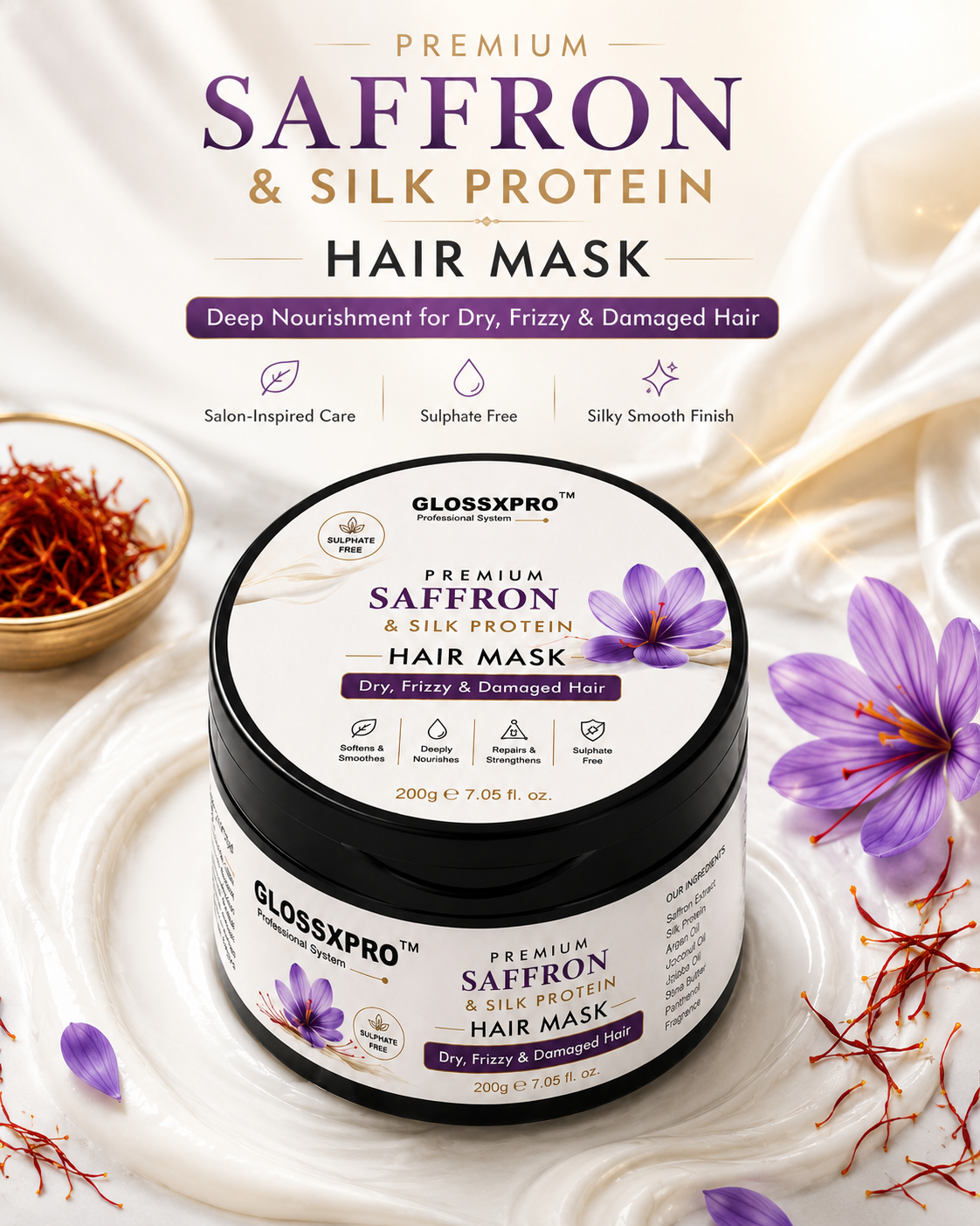 GLOSSXPRO Professional Kashmir Saffron & Silk Protein Hair Mask | Deep Repair, Intense Nourishment & Frizz Control | Sulphate Free & Paraben Free | Salon Professional Hair Care