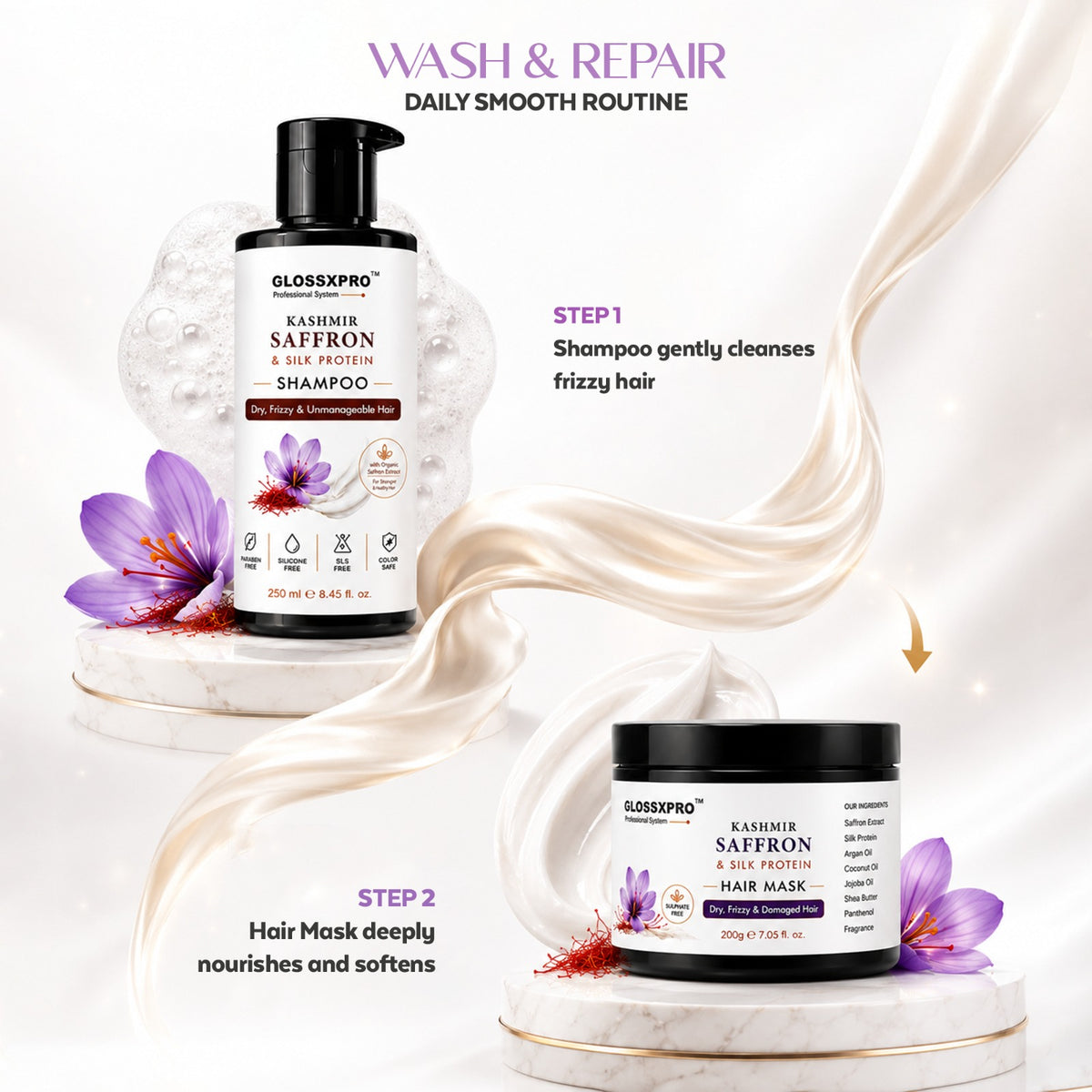 GLOSSXPRO Kashmir Saffron & Silk Protein Shampoo + Hair Mask Combo for Dry, Frizzy & Damaged Hair